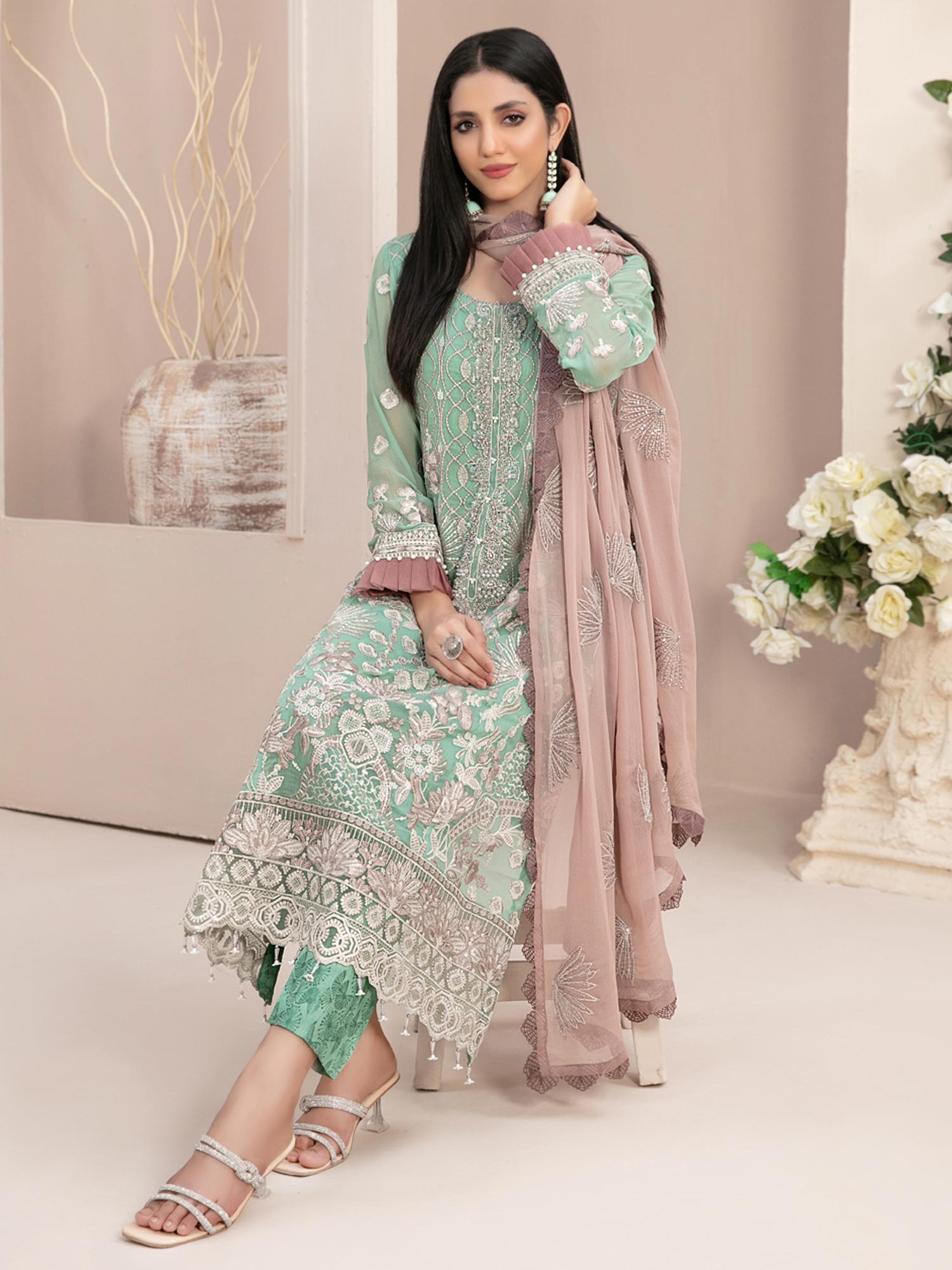 Tawakkal "Nayara" Semi-Stitched Heavy Embroidered Chiffon Green Suit (D-8688)