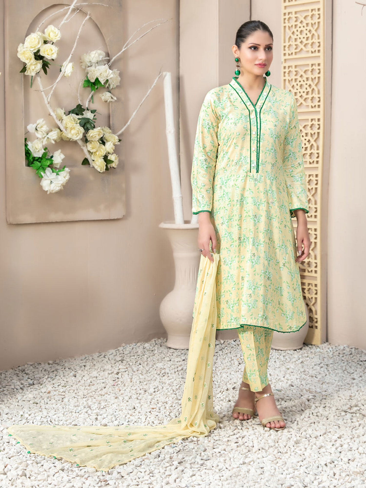 Tawakkal "Lida" Casual Staple Linen Suit (D9432) - Cream & Green