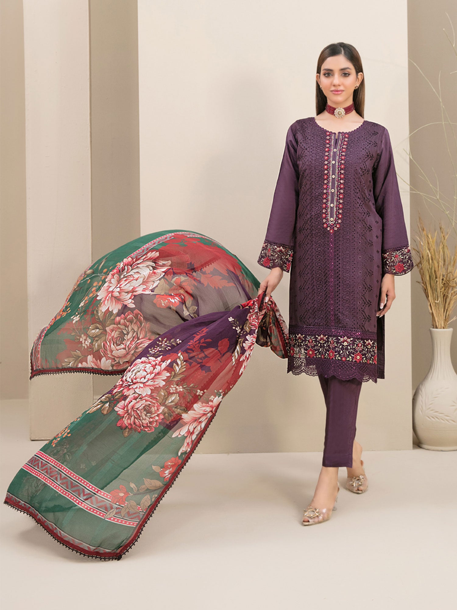 Tawakkal "Feeha" Fancy Embroidered Schiffli Suit (D9646) - Purple