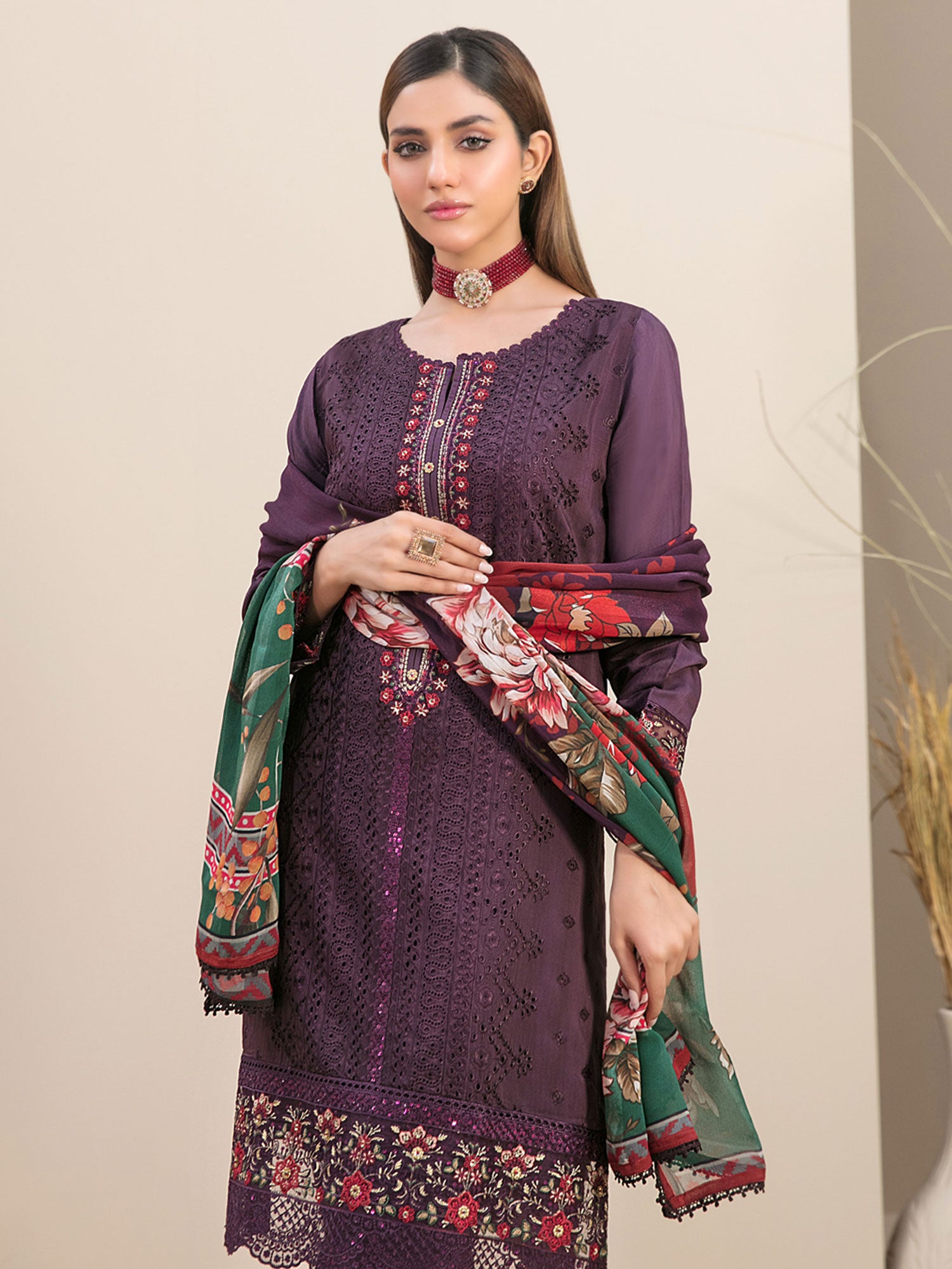 Tawakkal "Feeha" Fancy Embroidered Schiffli Suit (D9646) - Purple