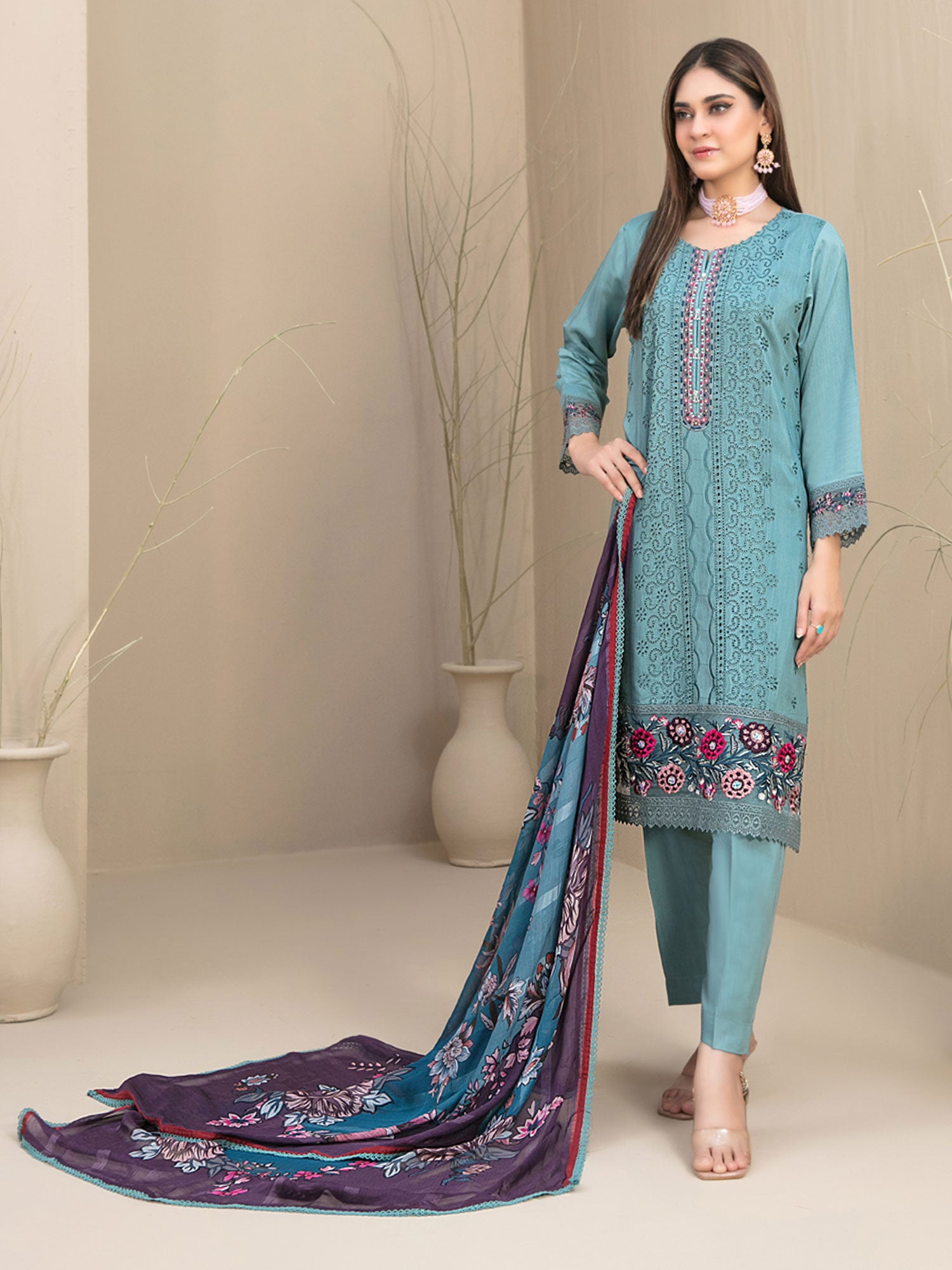 Tawakkal "Feeha" Fancy Embroidered Schiffli Suit (D9647) - Sea Green