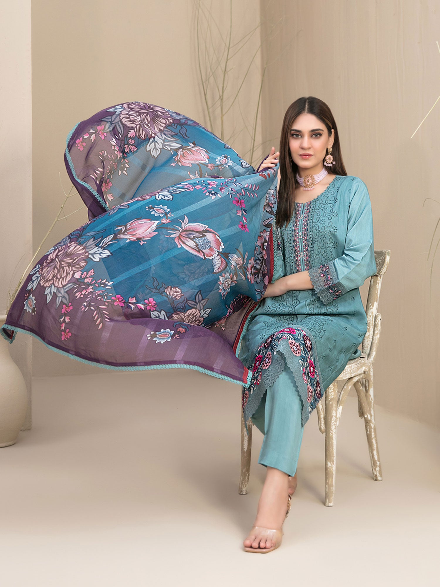 Tawakkal "Feeha" Fancy Embroidered Schiffli Suit (D9647) - Sea Green