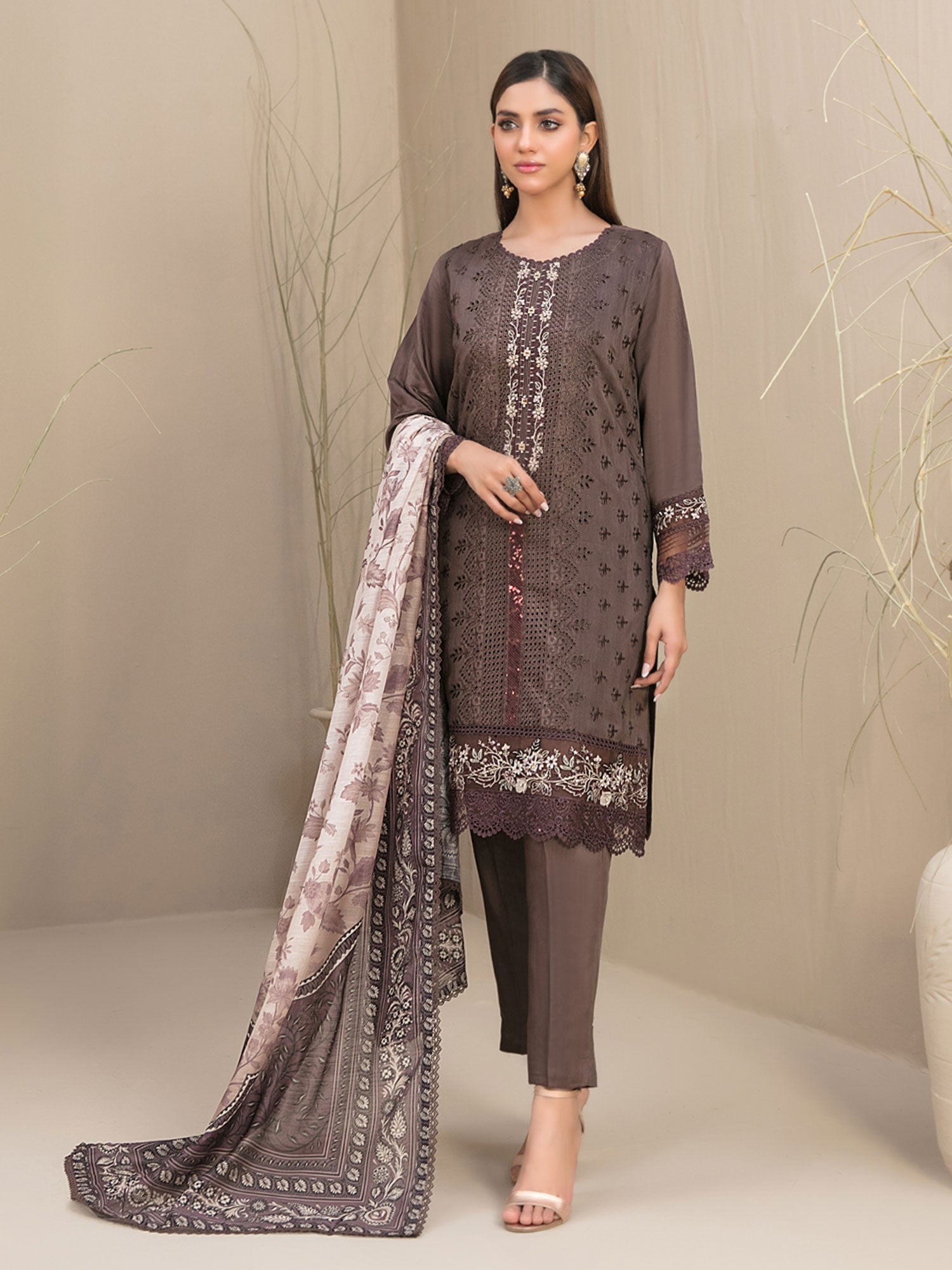 Tawakkal "Feeha" Fancy Embroidered Schiffli Suit (D9652) - Brown