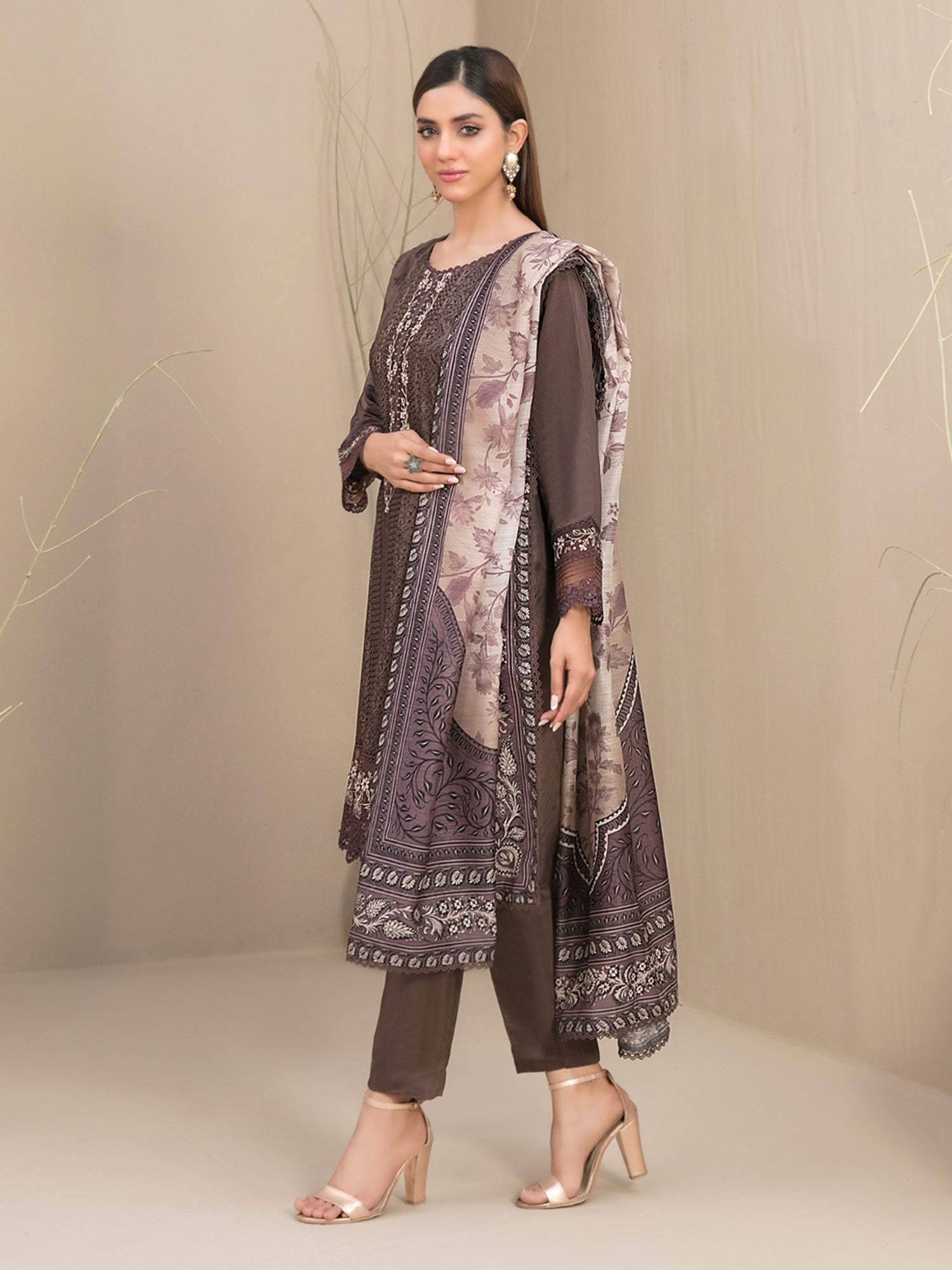 Tawakkal "Feeha" Fancy Embroidered Schiffli Suit (D9652) - Brown