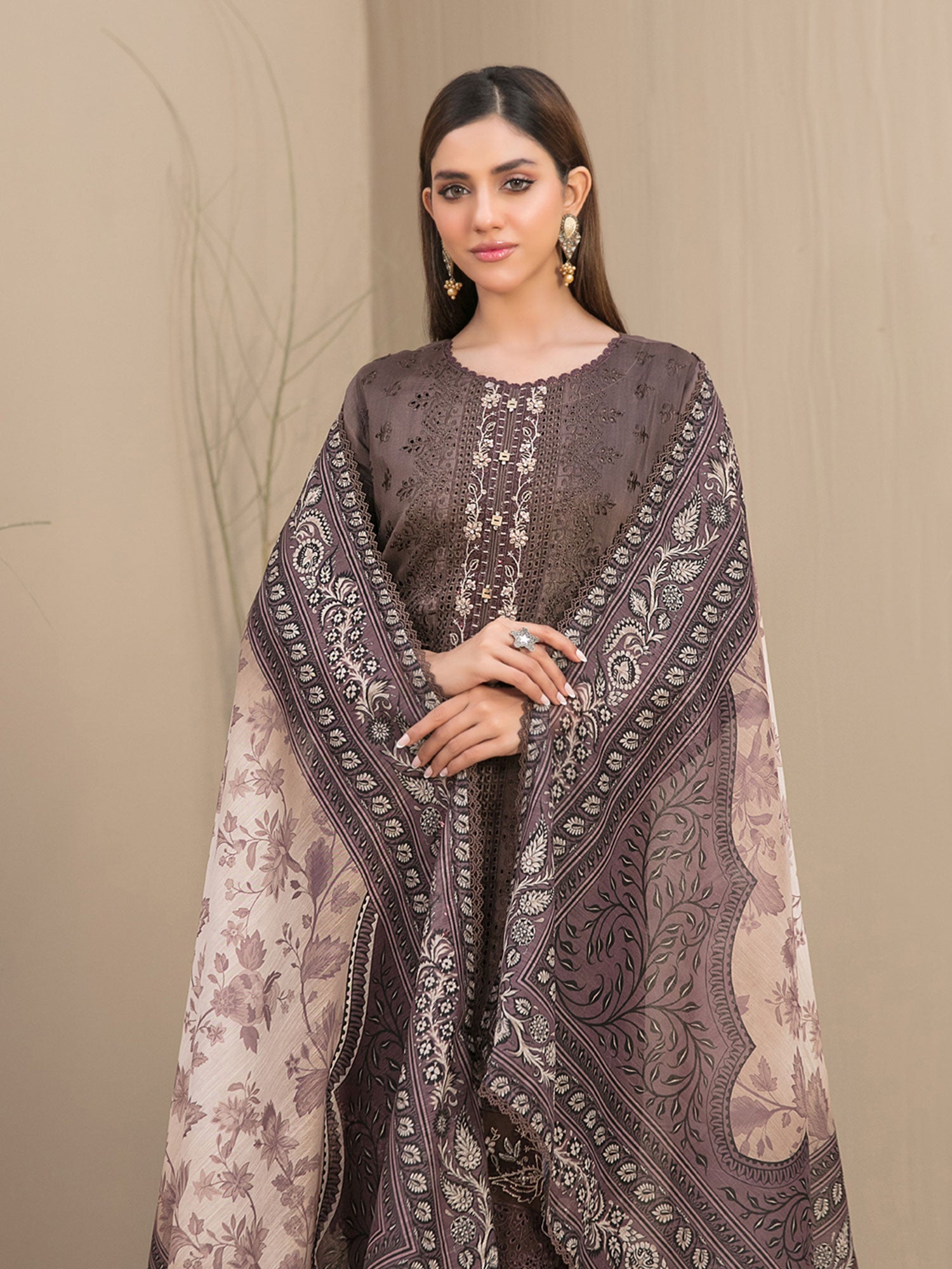 Tawakkal "Feeha" Fancy Embroidered Schiffli Suit (D9652) - Brown