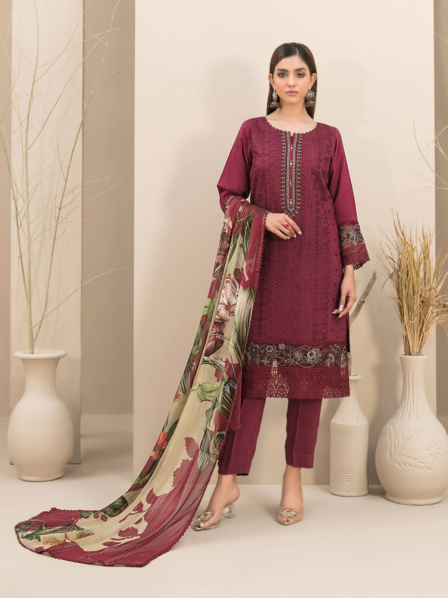 Tawakkal "Feeha" Fancy Embroidered Schiffli Suit (D9655) - Maroon