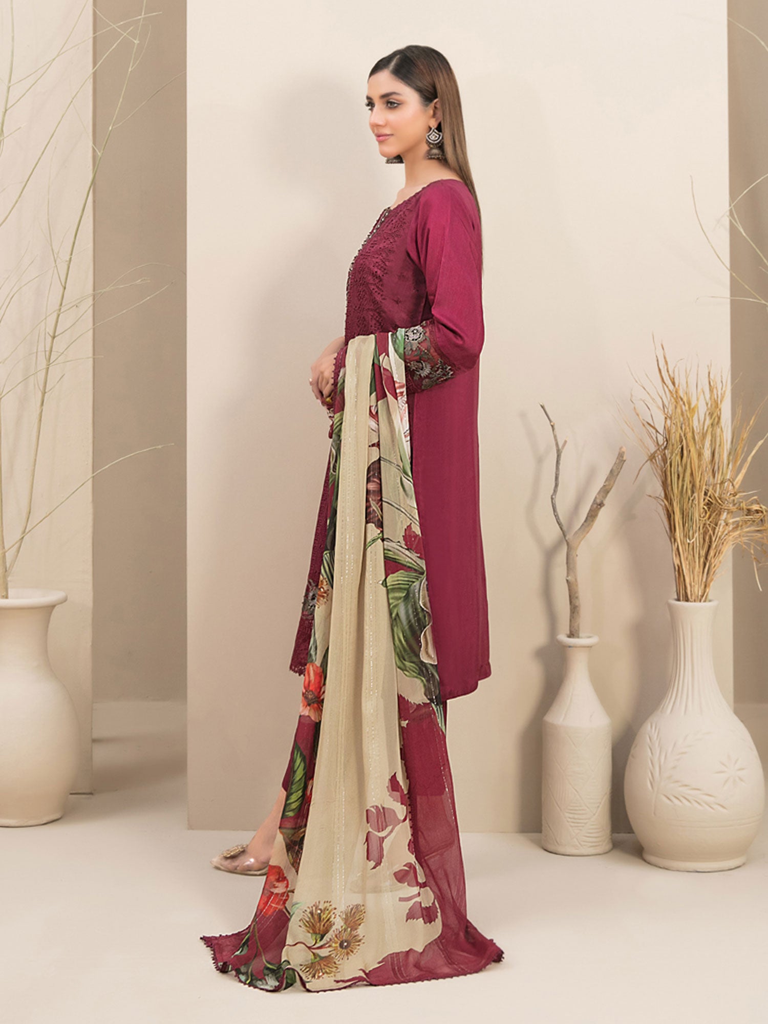 Tawakkal "Feeha" Fancy Embroidered Schiffli Suit (D9655) - Maroon