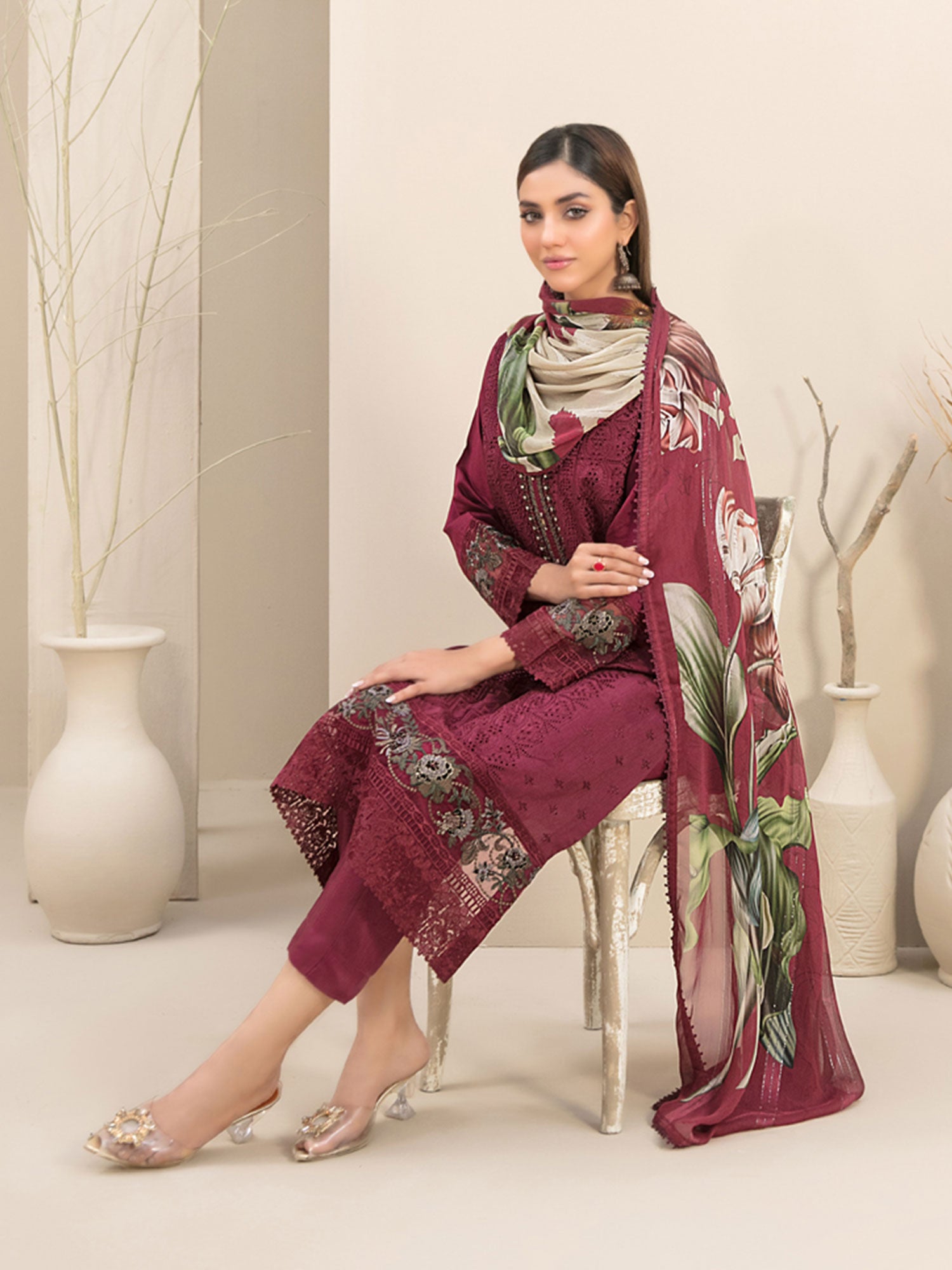 Tawakkal "Feeha" Fancy Embroidered Schiffli Suit (D9655) - Maroon