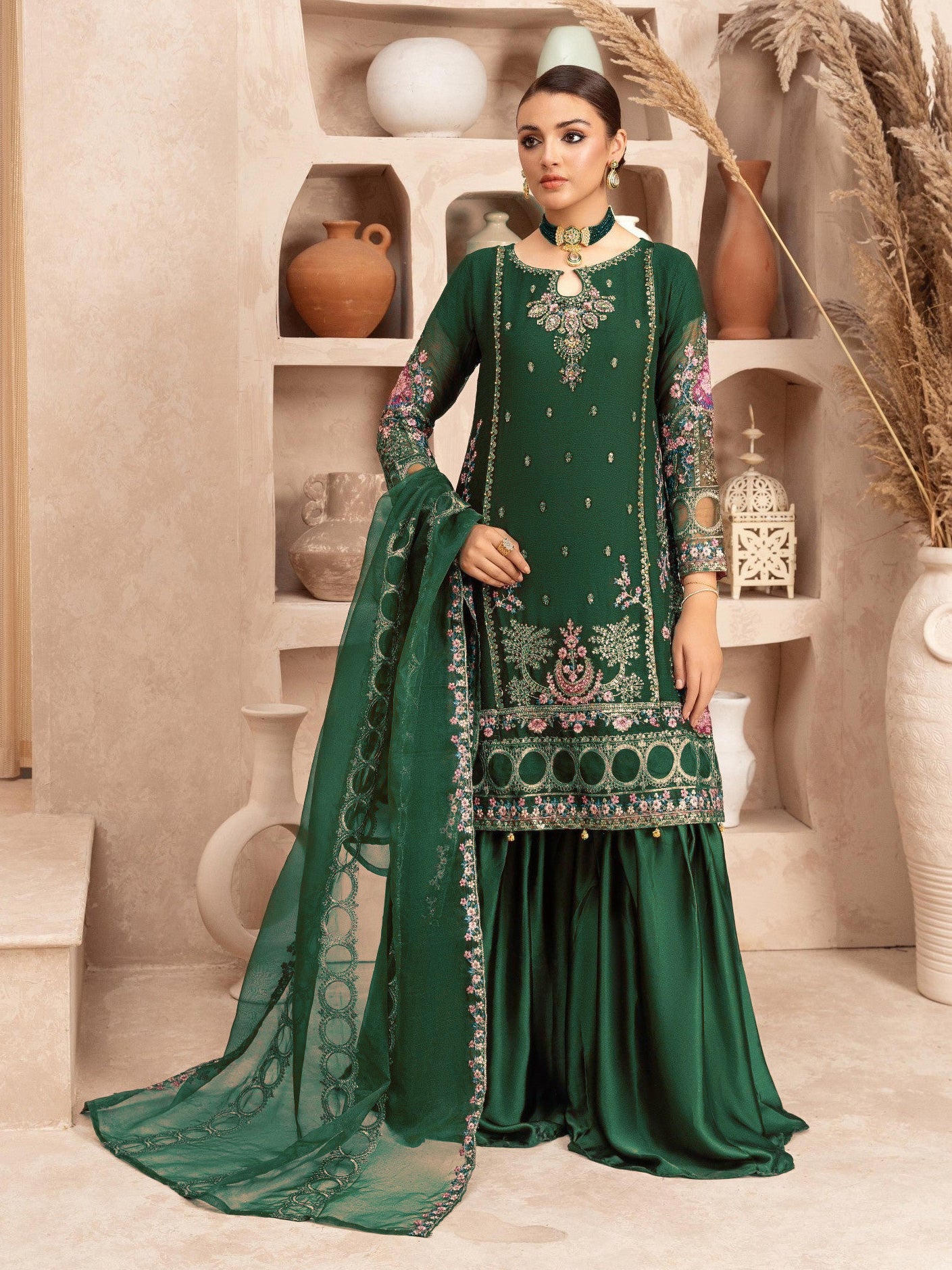 Green Embroidered Chiffon Suit with Silk Gharara