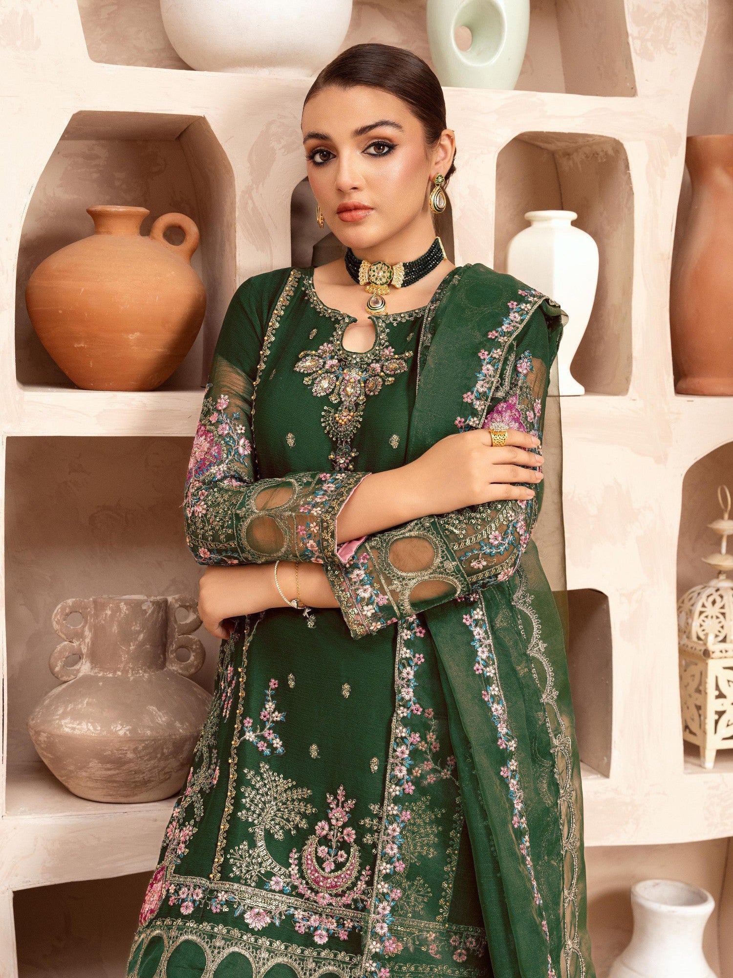 Green Embroidered Chiffon Suit with Silk Gharara