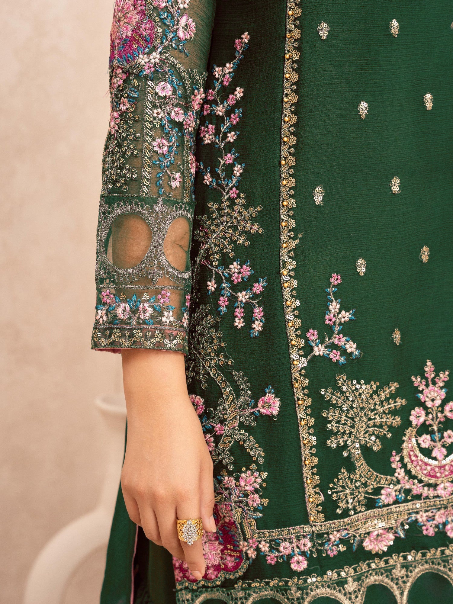 Green Embroidered Chiffon Suit with Silk Gharara