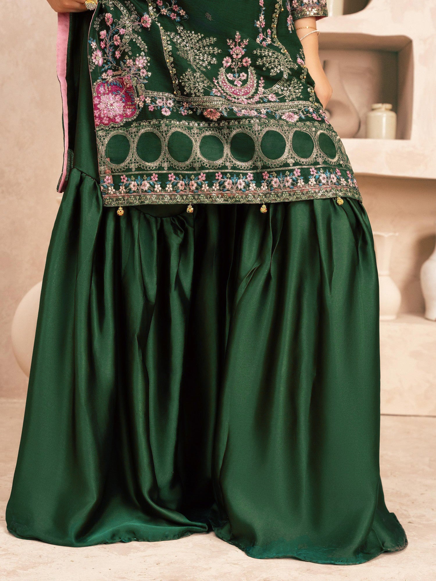 Green Embroidered Chiffon Suit with Silk Gharara