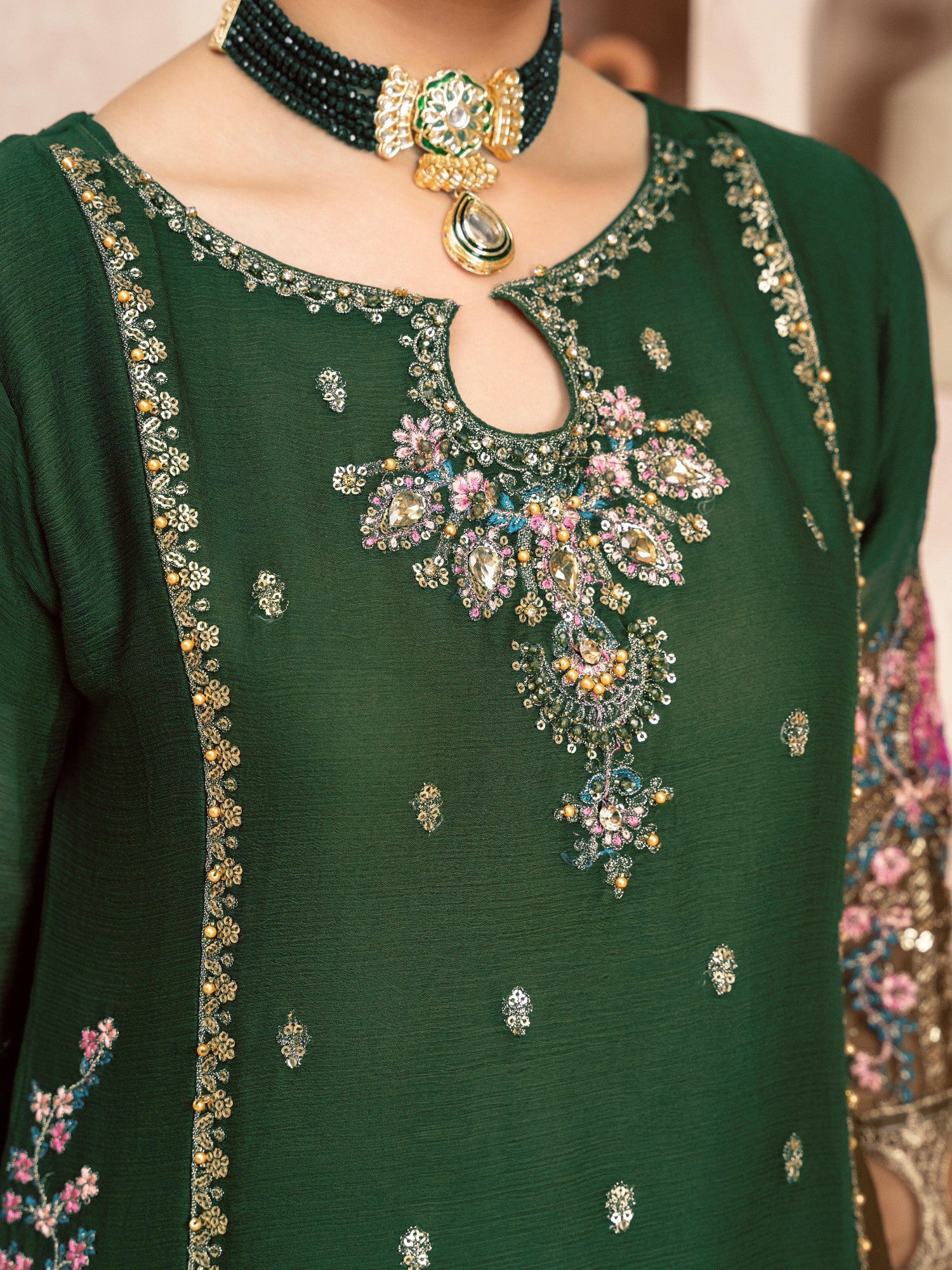 Green Embroidered Chiffon Suit with Silk Gharara