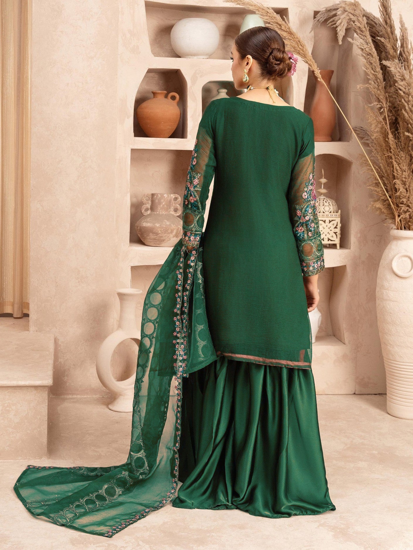 Green Embroidered Chiffon Suit with Silk Gharara