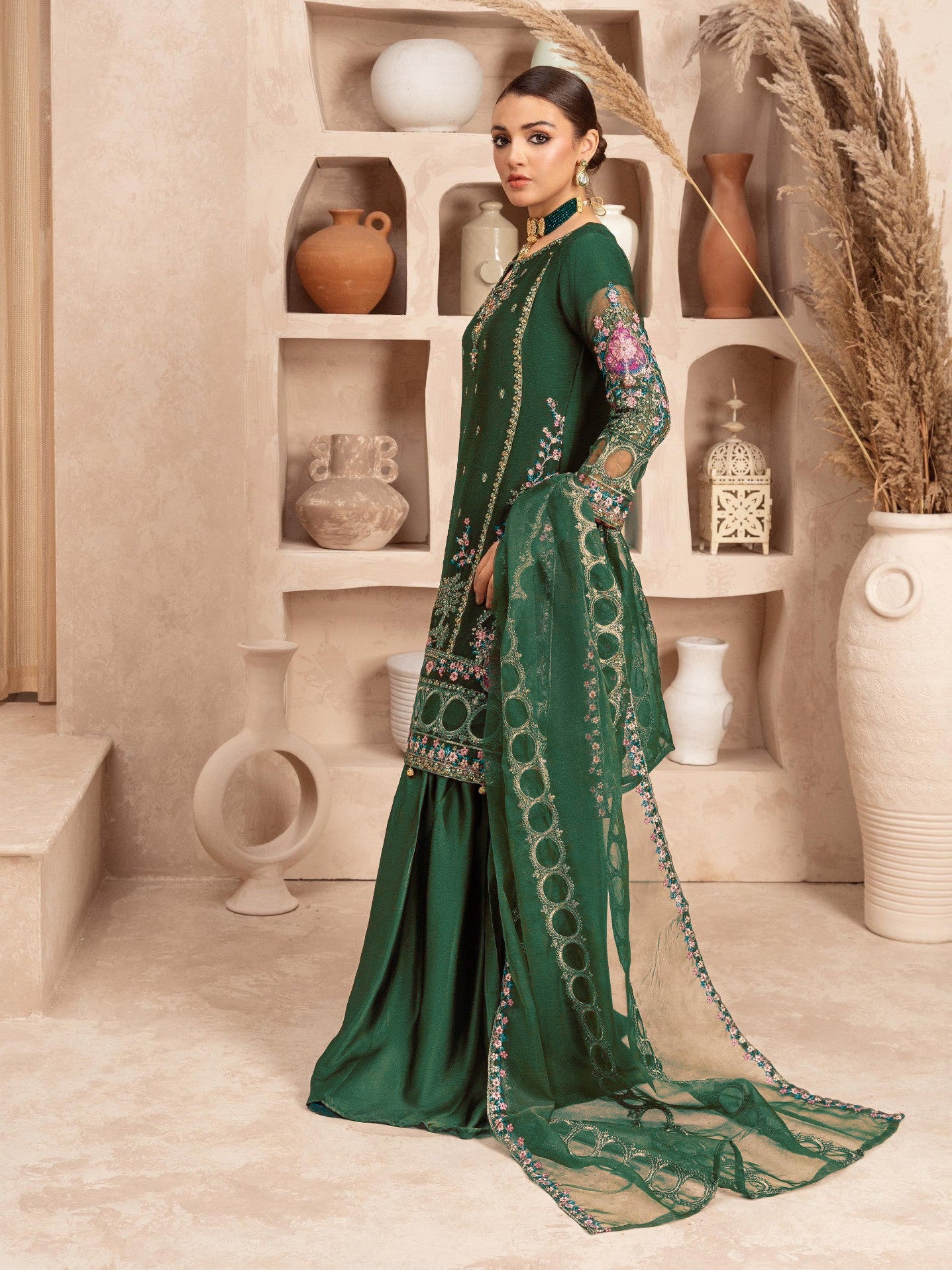 Green Embroidered Chiffon Suit with Silk Gharara