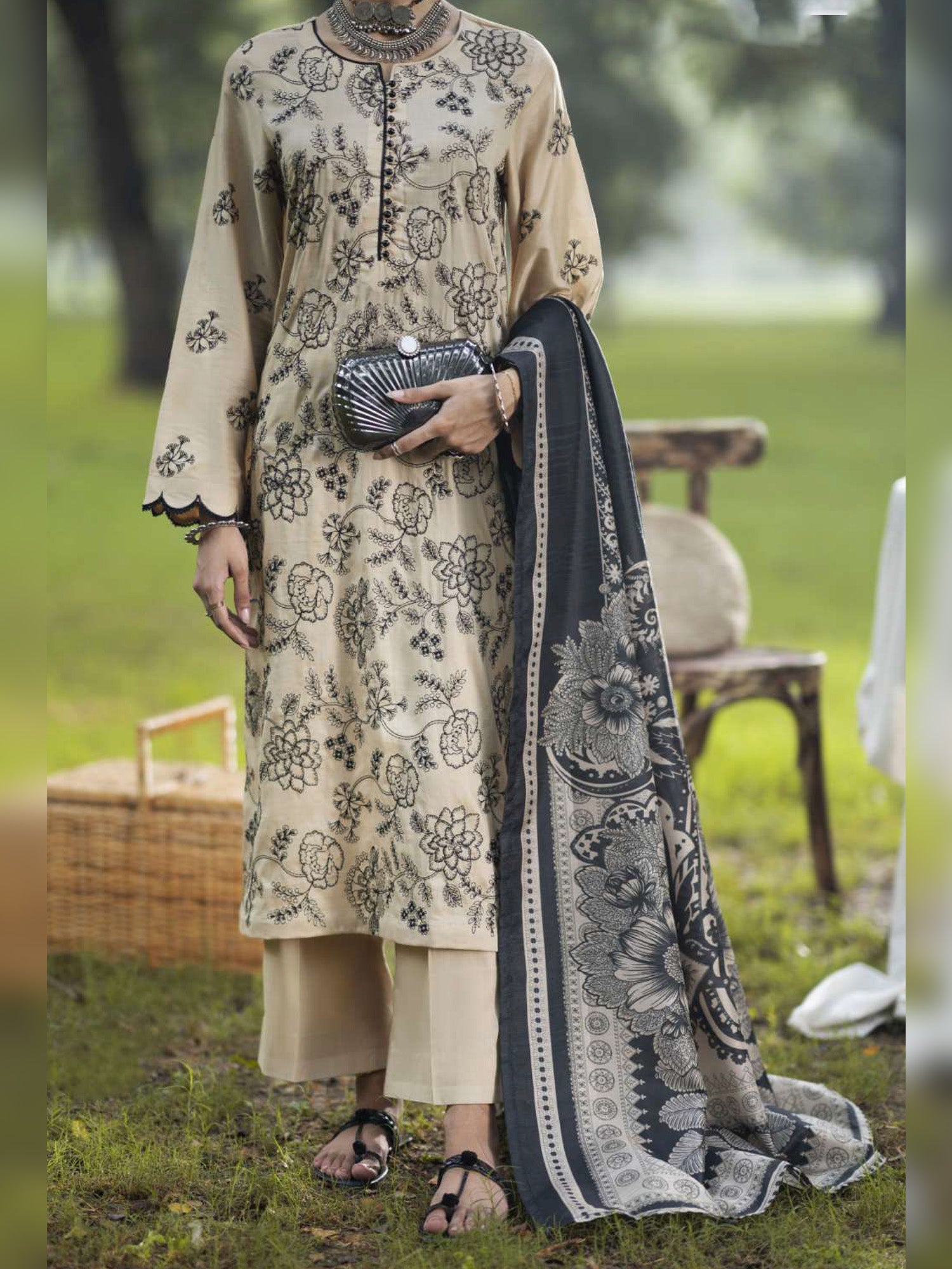 Casual Lite "Khamoshi" Embroidered Linen Suit - Skin