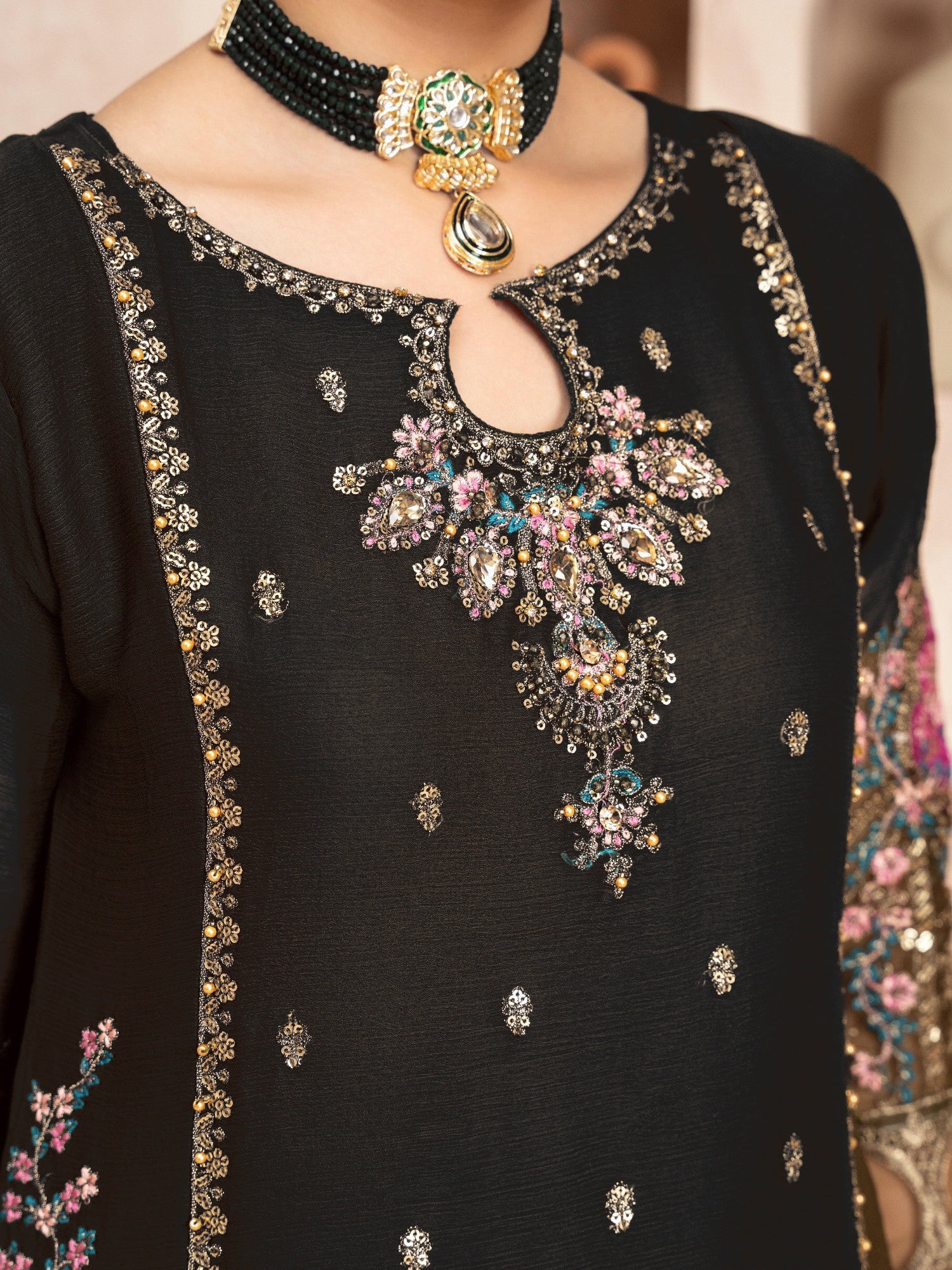 Black Embroidered Chiffon Suit with Silk Gharara