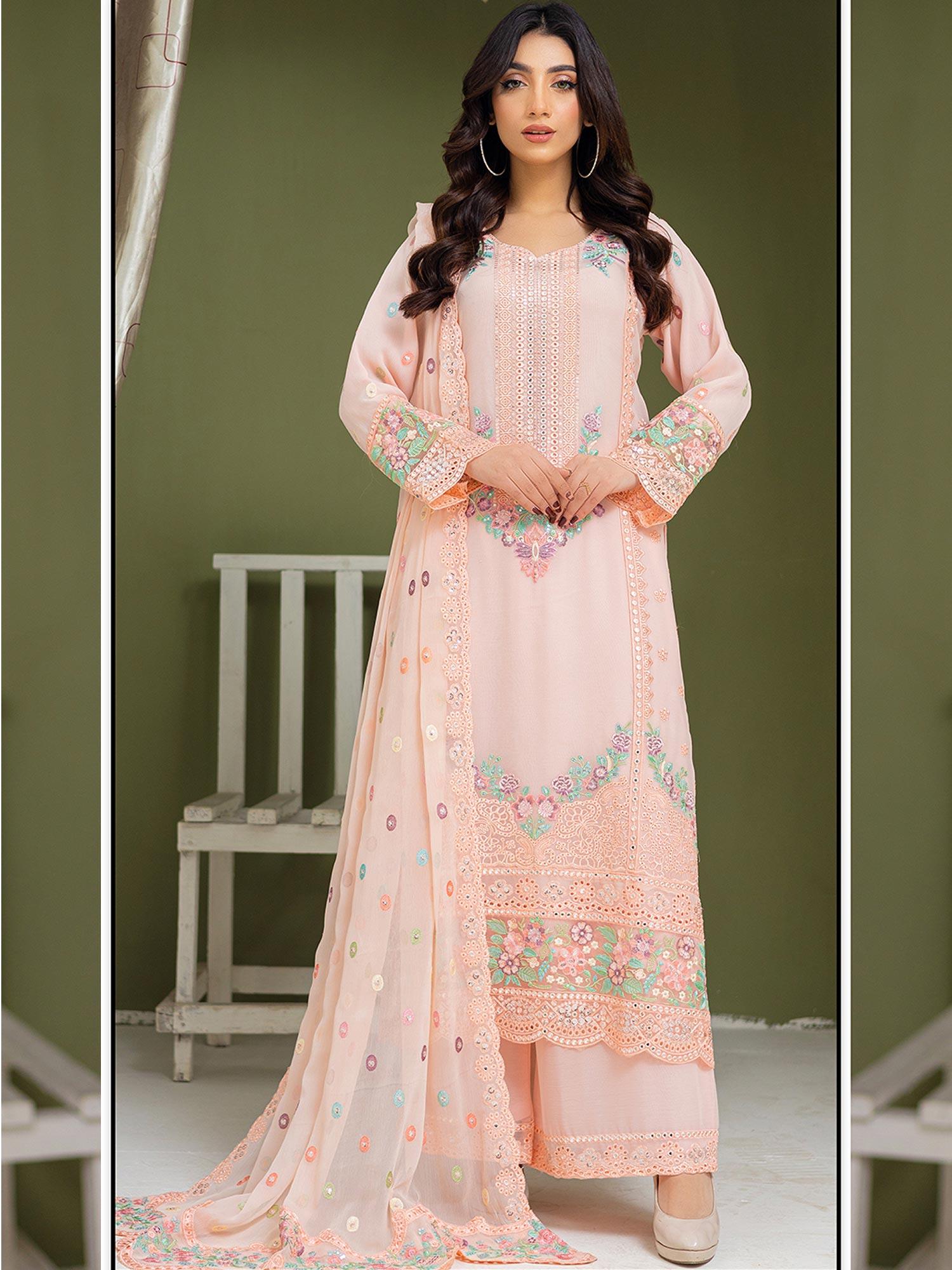 Luxury Embroidered Chiffon Suit (Vol.01) - Peach