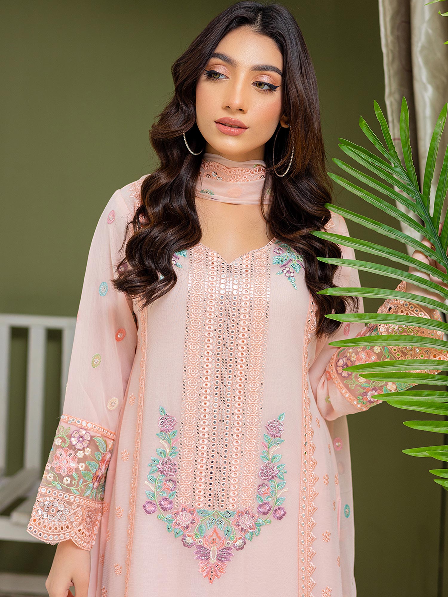 Luxury Embroidered Chiffon Suit (Vol.01) - Peach