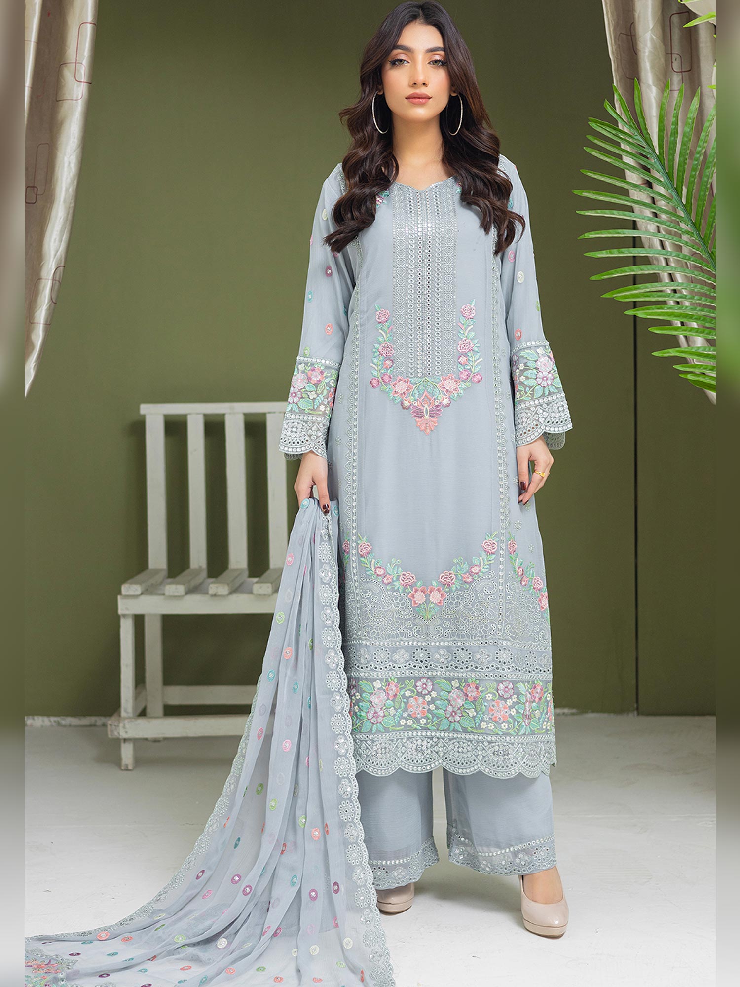 Luxury Embroidered Chiffon Suit (Vol.01) - Grey