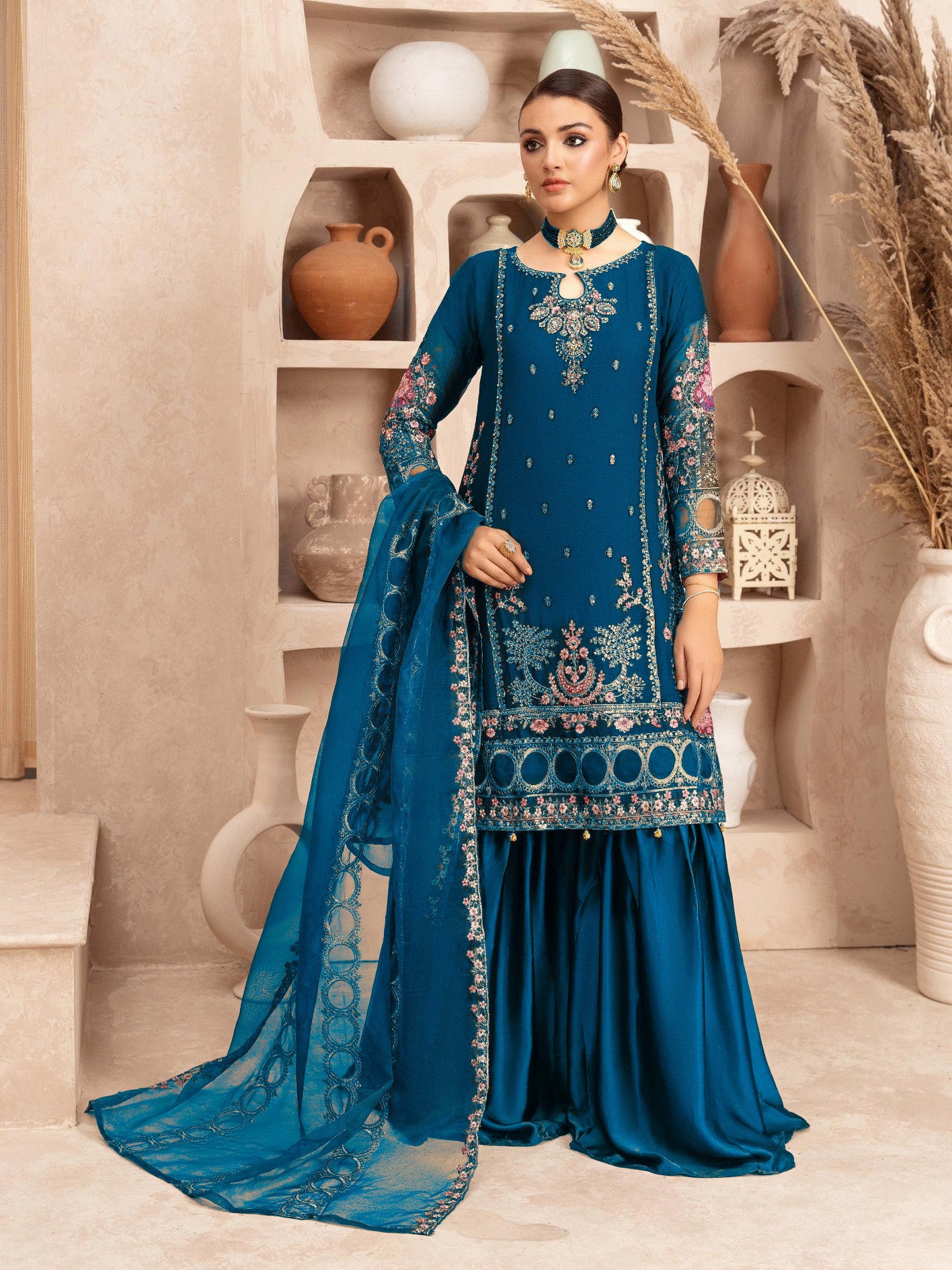 Zinc Embroidered Chiffon Suit with Silk Gharara