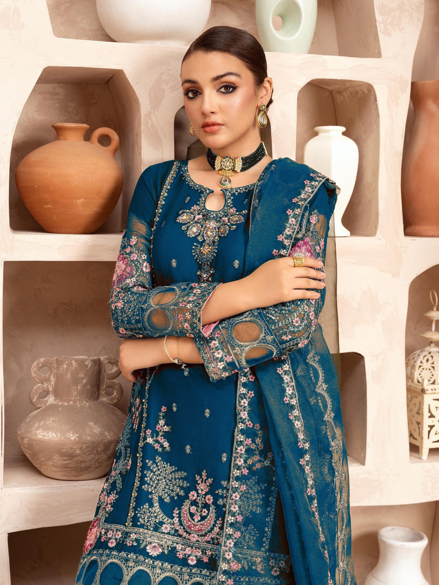 Zinc Embroidered Chiffon Suit with Silk Gharara