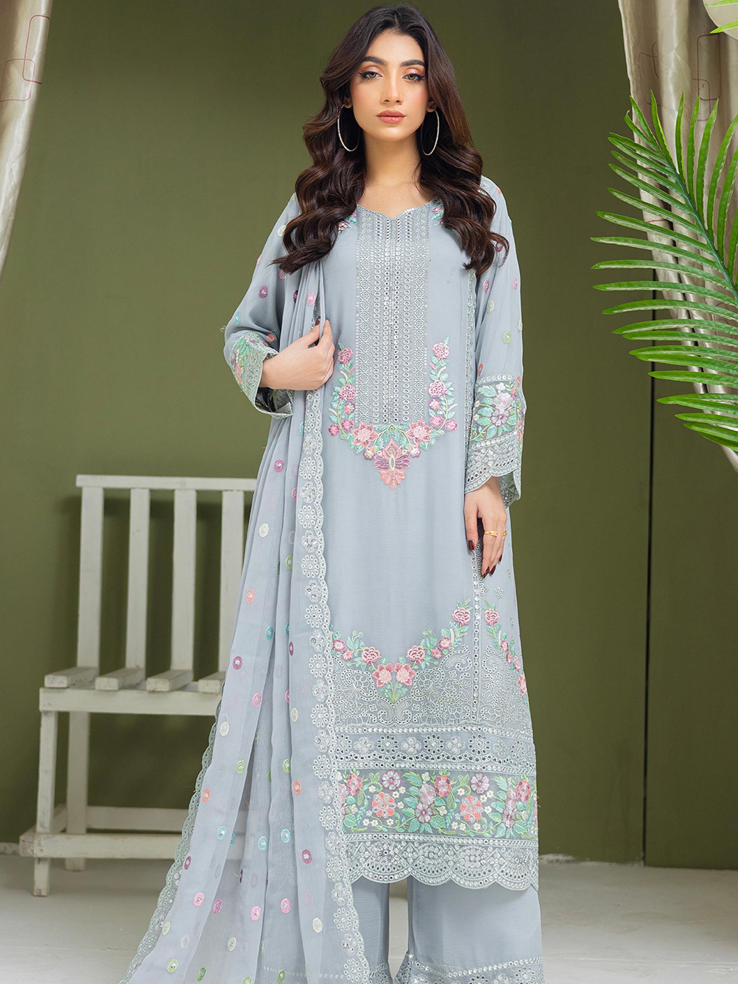 Luxury Embroidered Chiffon Suit (Vol.01) - Grey