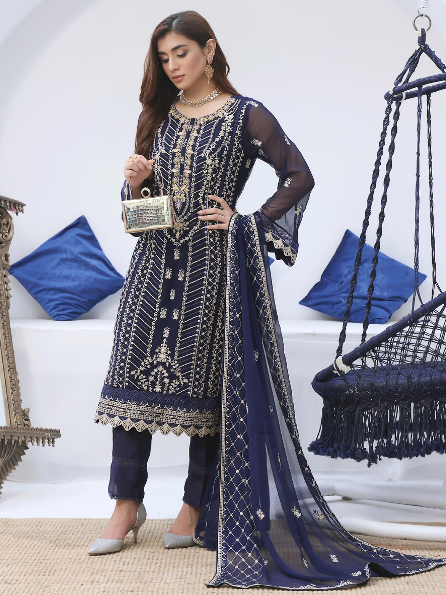 Wardah Uzair Luxury Pret Embroidered Chiffon Suit - Navy Blue