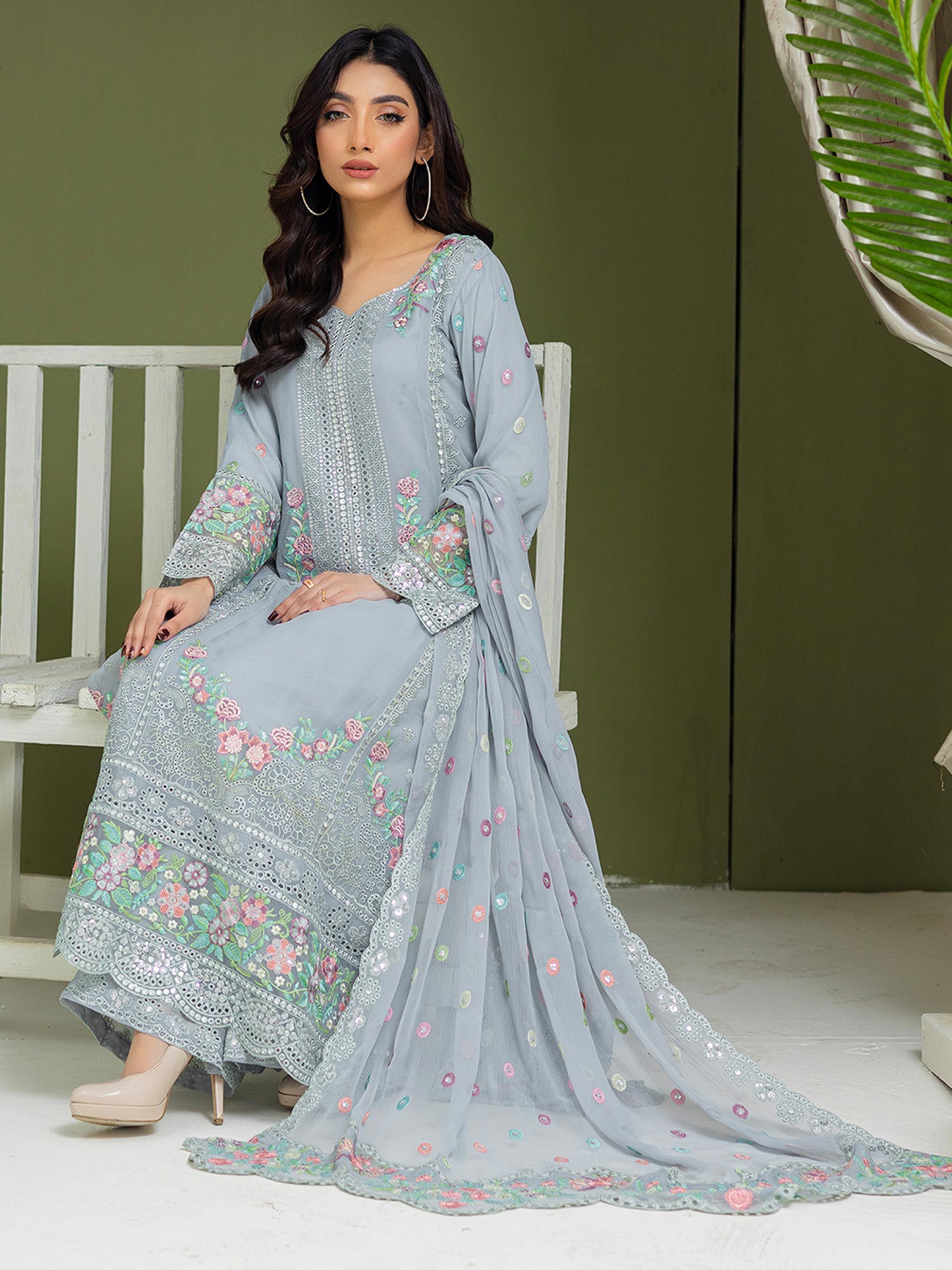 Luxury Embroidered Chiffon Suit (Vol.01) - Grey