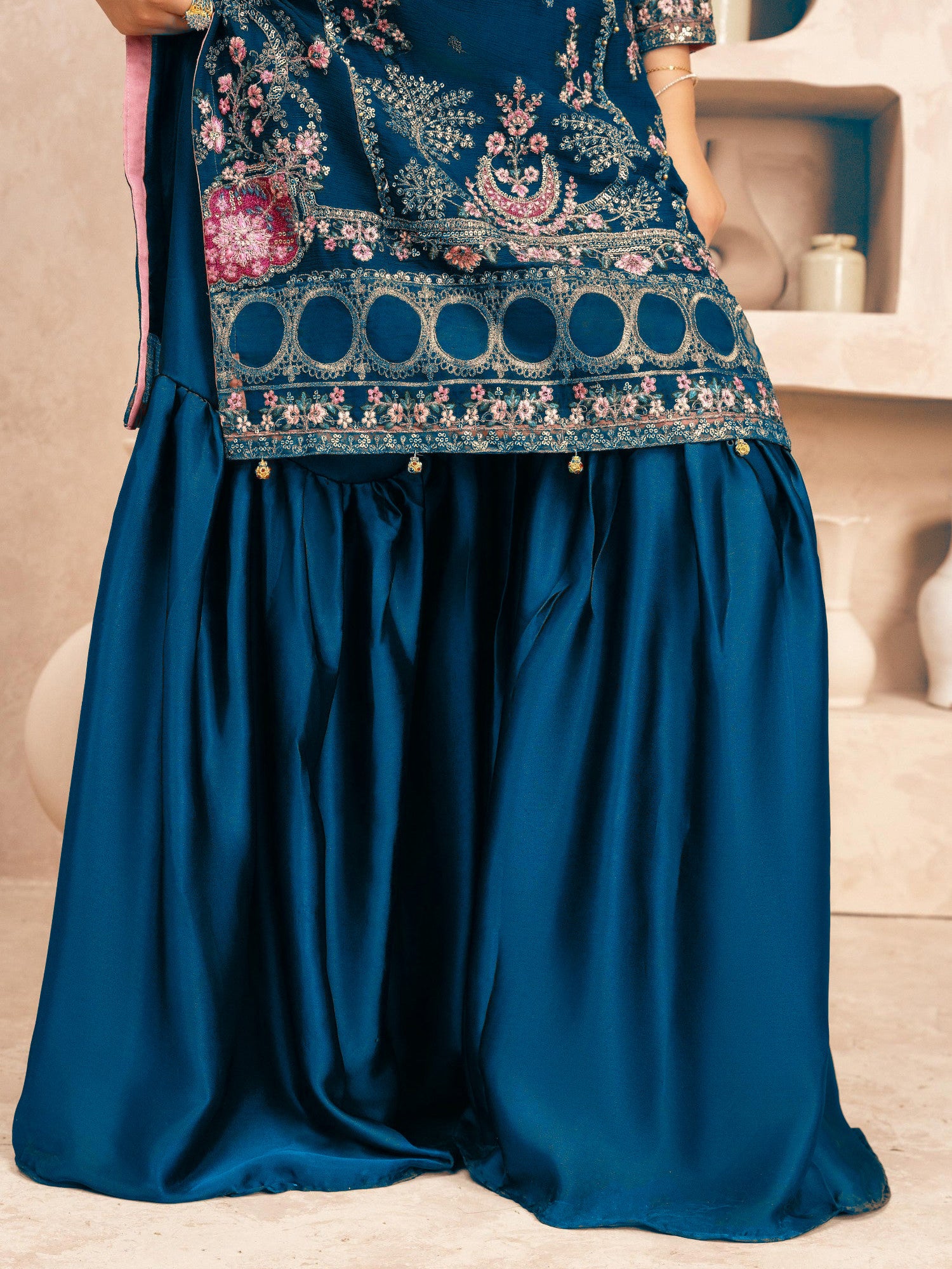 Zinc Embroidered Chiffon Suit with Silk Gharara