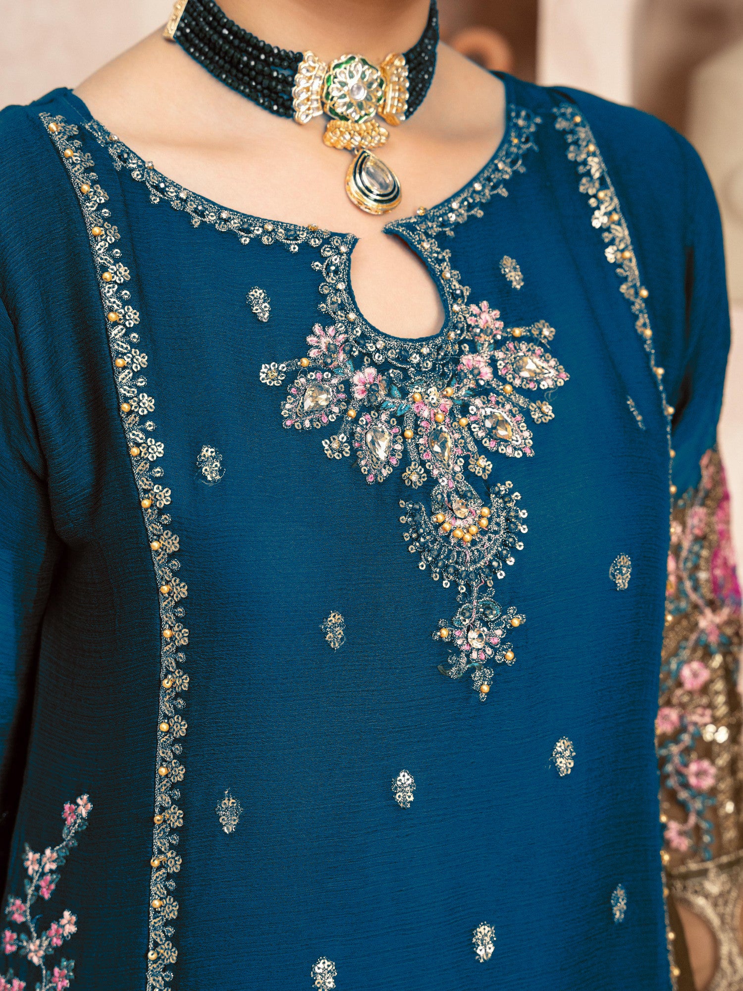 Zinc Embroidered Chiffon Suit with Silk Gharara