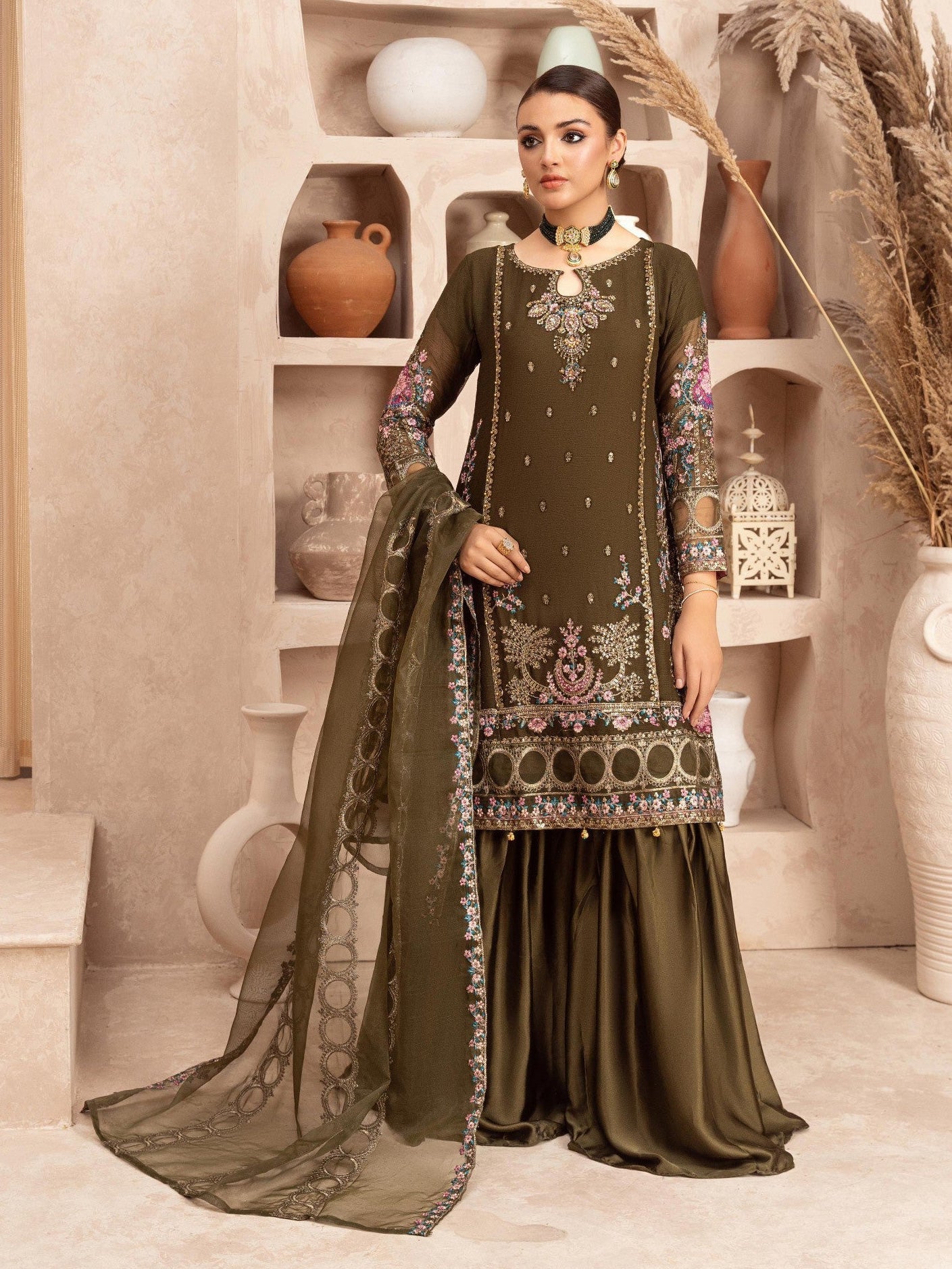 Olive Embroidered Chiffon Suit with Silk Gharara