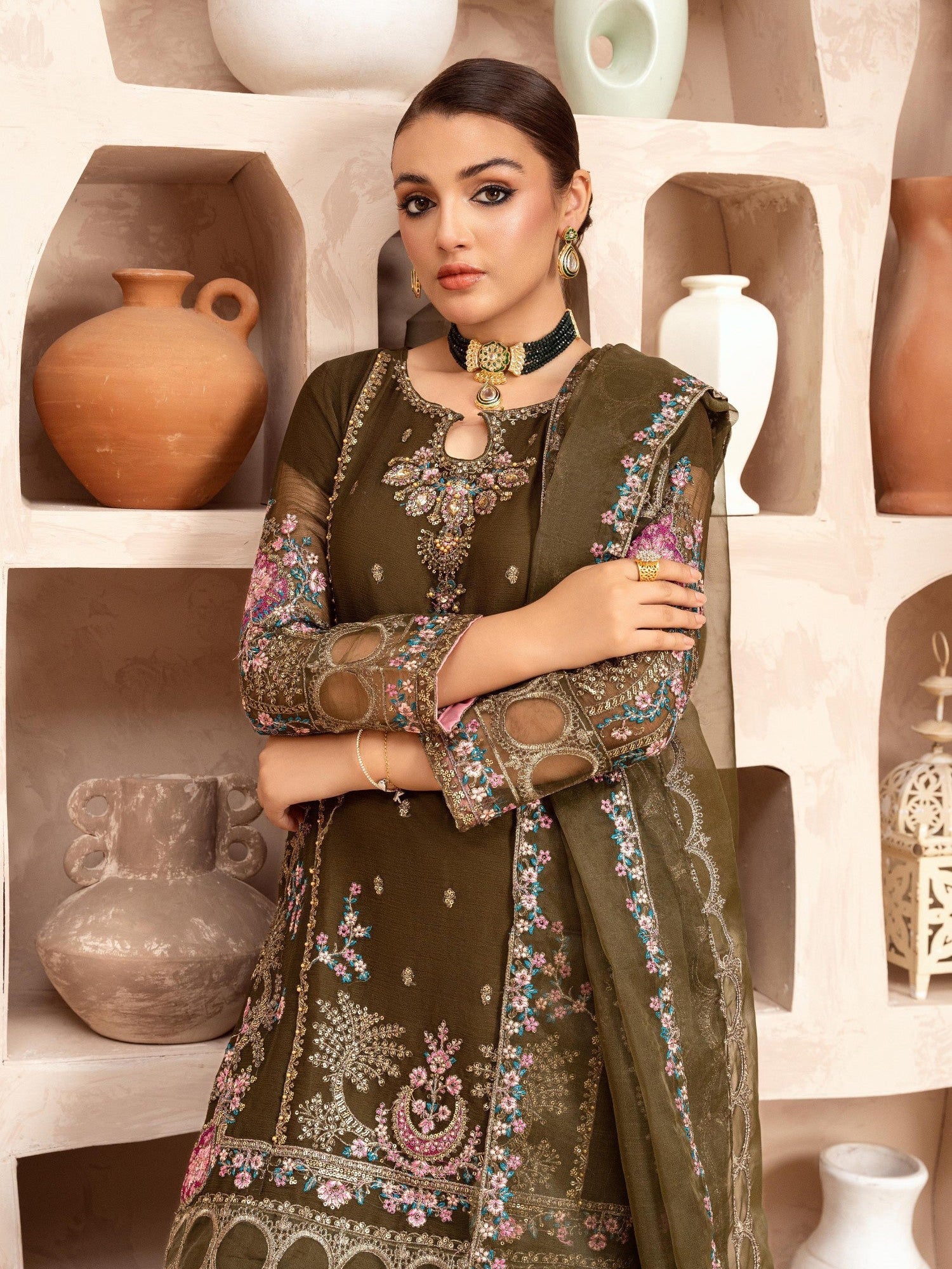 Olive Embroidered Chiffon Suit with Silk Gharara