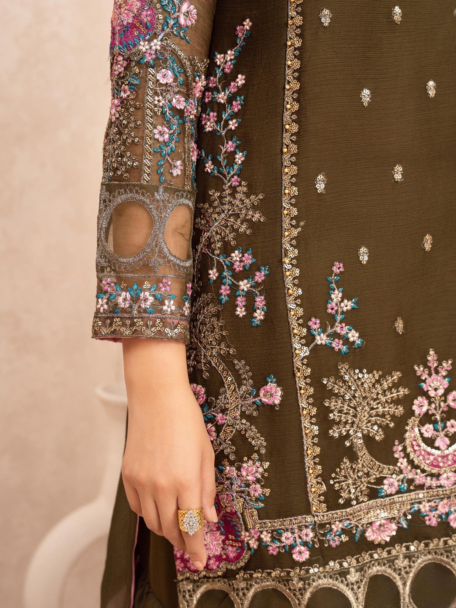 Olive Embroidered Chiffon Suit with Silk Gharara