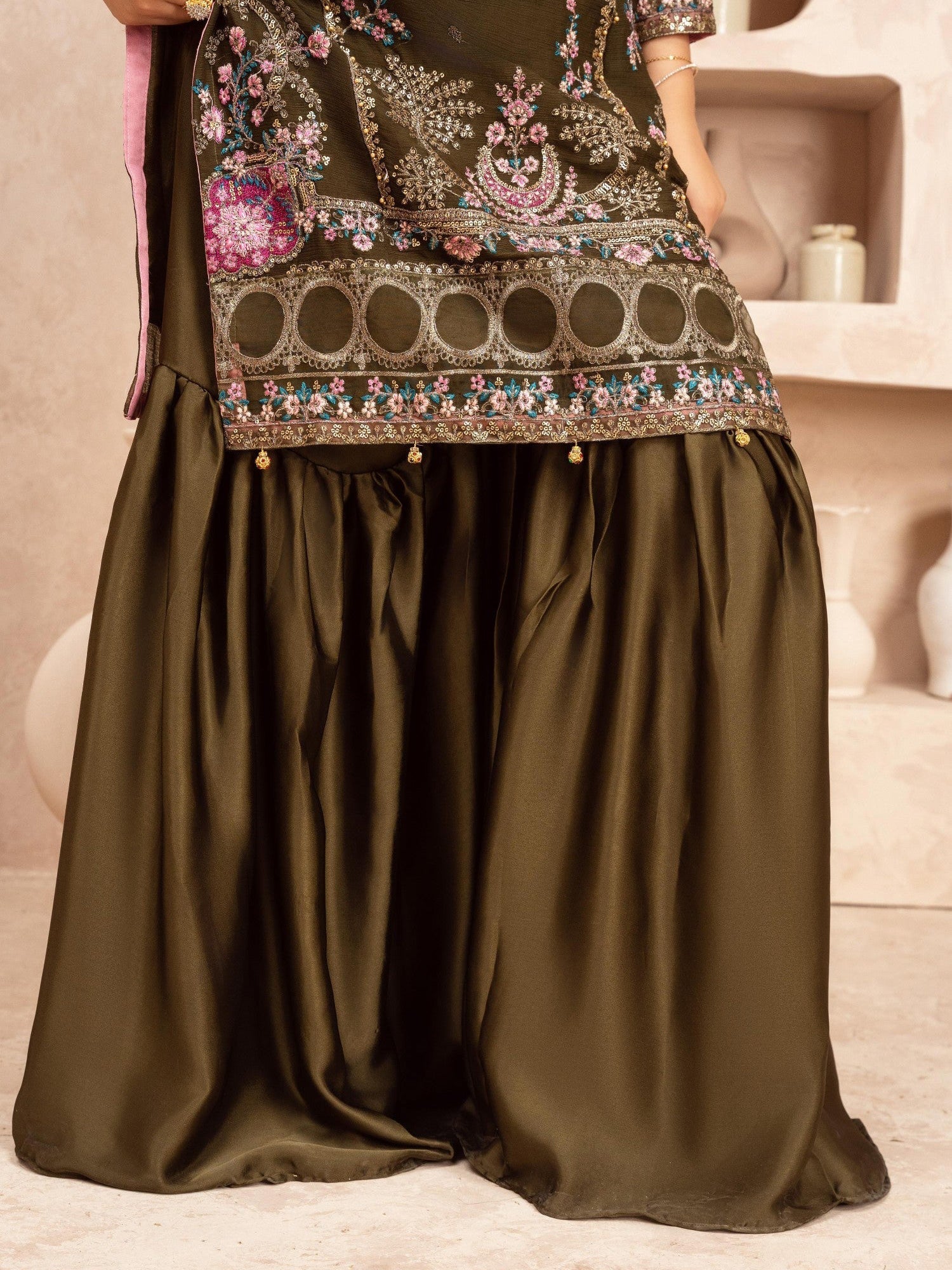 Olive Embroidered Chiffon Suit with Silk Gharara