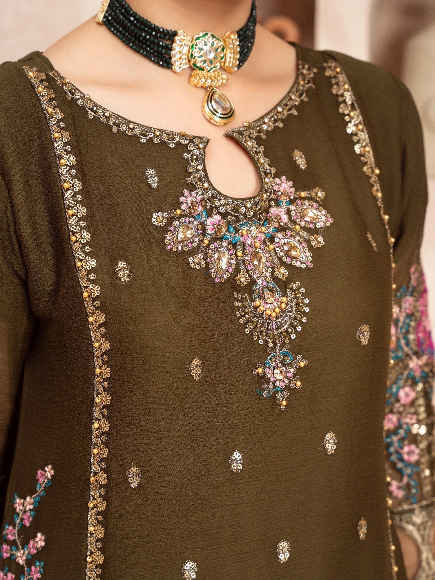 Olive Embroidered Chiffon Suit with Silk Gharara