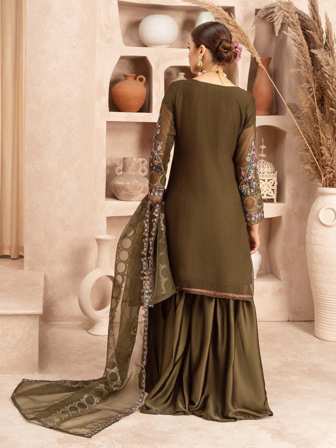 Olive Embroidered Chiffon Suit with Silk Gharara