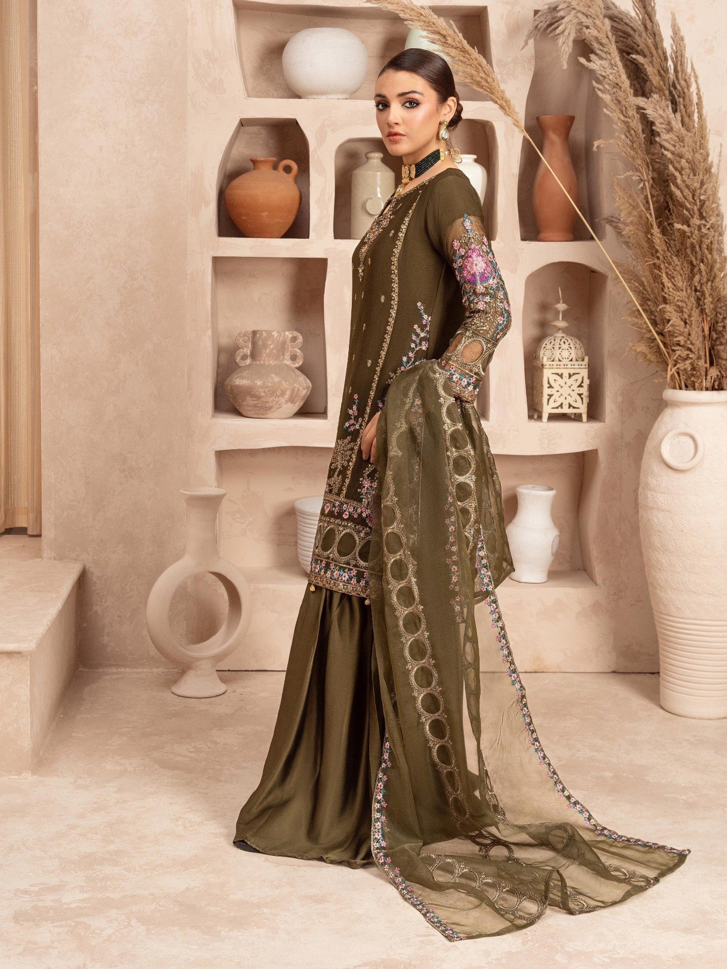 Olive Embroidered Chiffon Suit with Silk Gharara