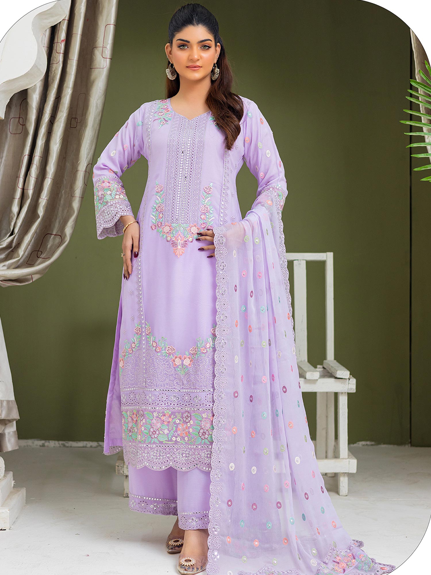 Luxury Embroidered Chiffon Suit (Vol.01) - Lilac