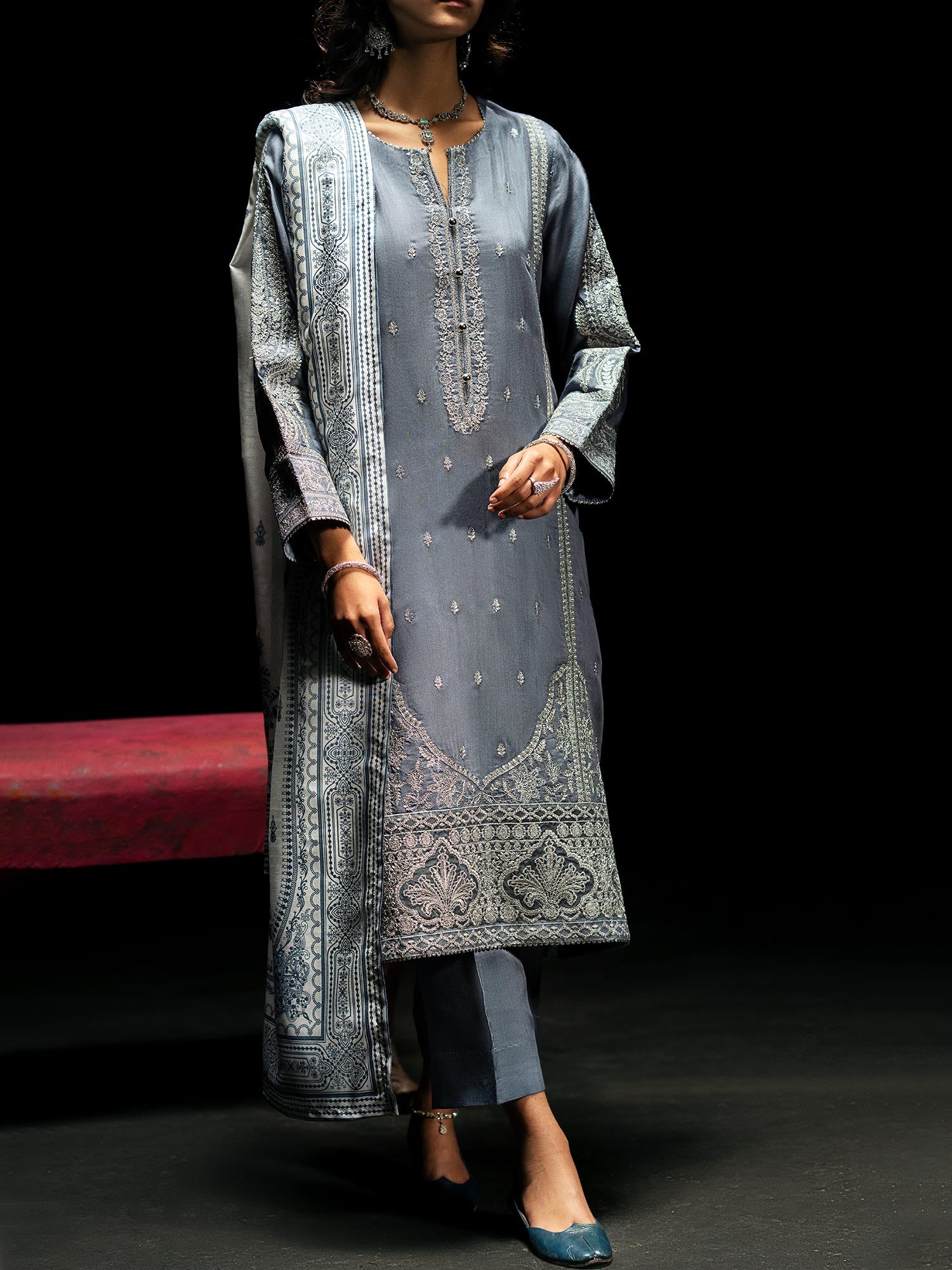 Casual Lite "Boutique" Embroidered Luxury Viscose Suit - Blue-Grey