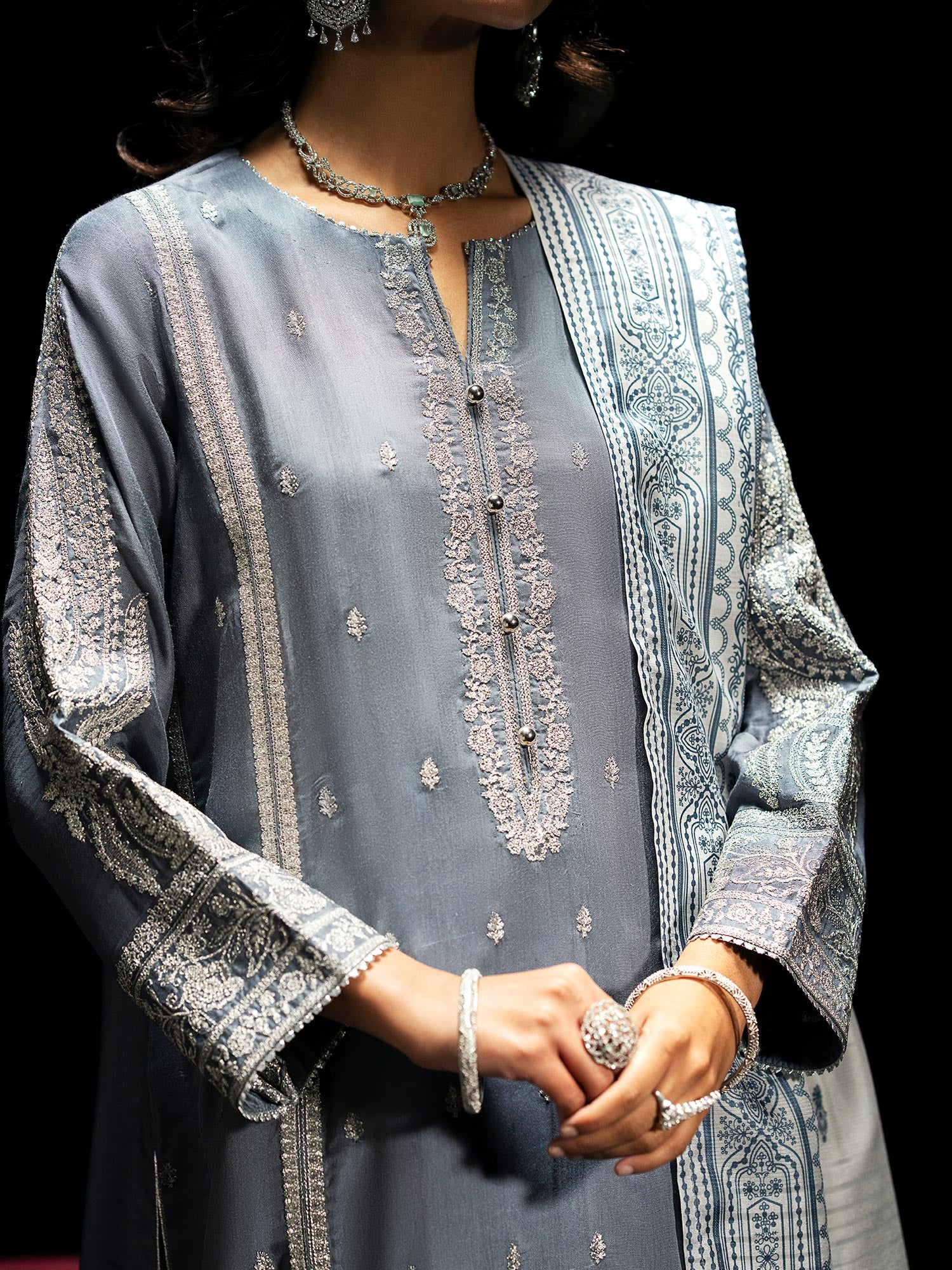 Casual Lite "Boutique" Embroidered Luxury Viscose Suit - Blue-Grey