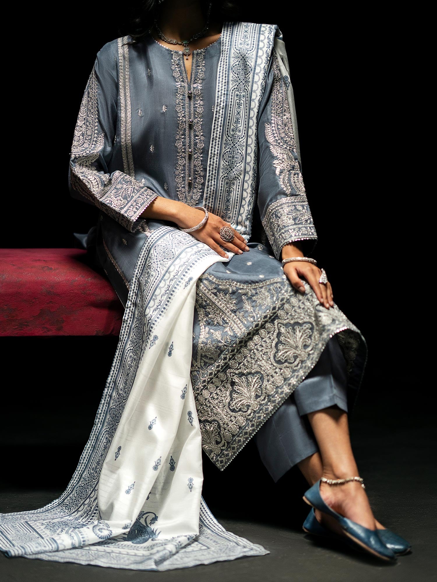 Casual Lite "Boutique" Embroidered Luxury Viscose Suit - Blue-Grey