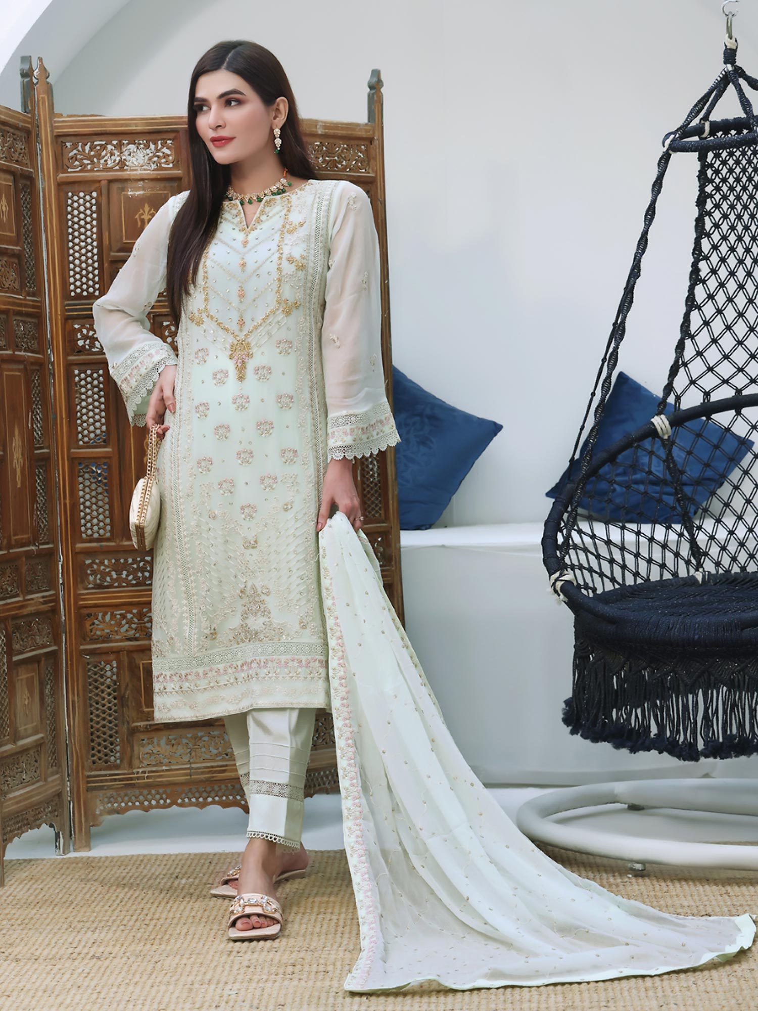 Wardah Uzair Luxury Pret Embroidered Chiffon Suit - Light Mint