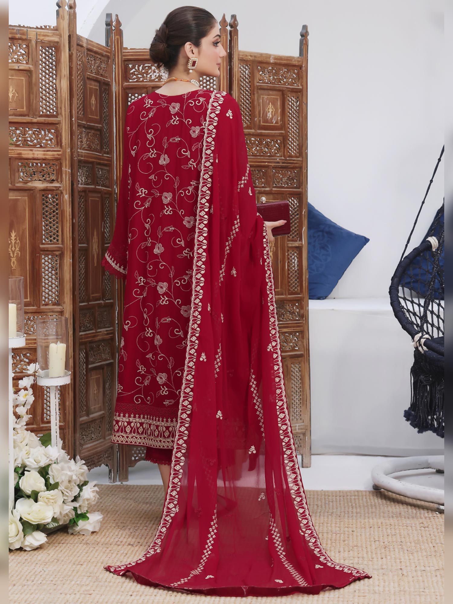 Wardah Uzair Luxury Pret Embroidered Chiffon Suit - Red