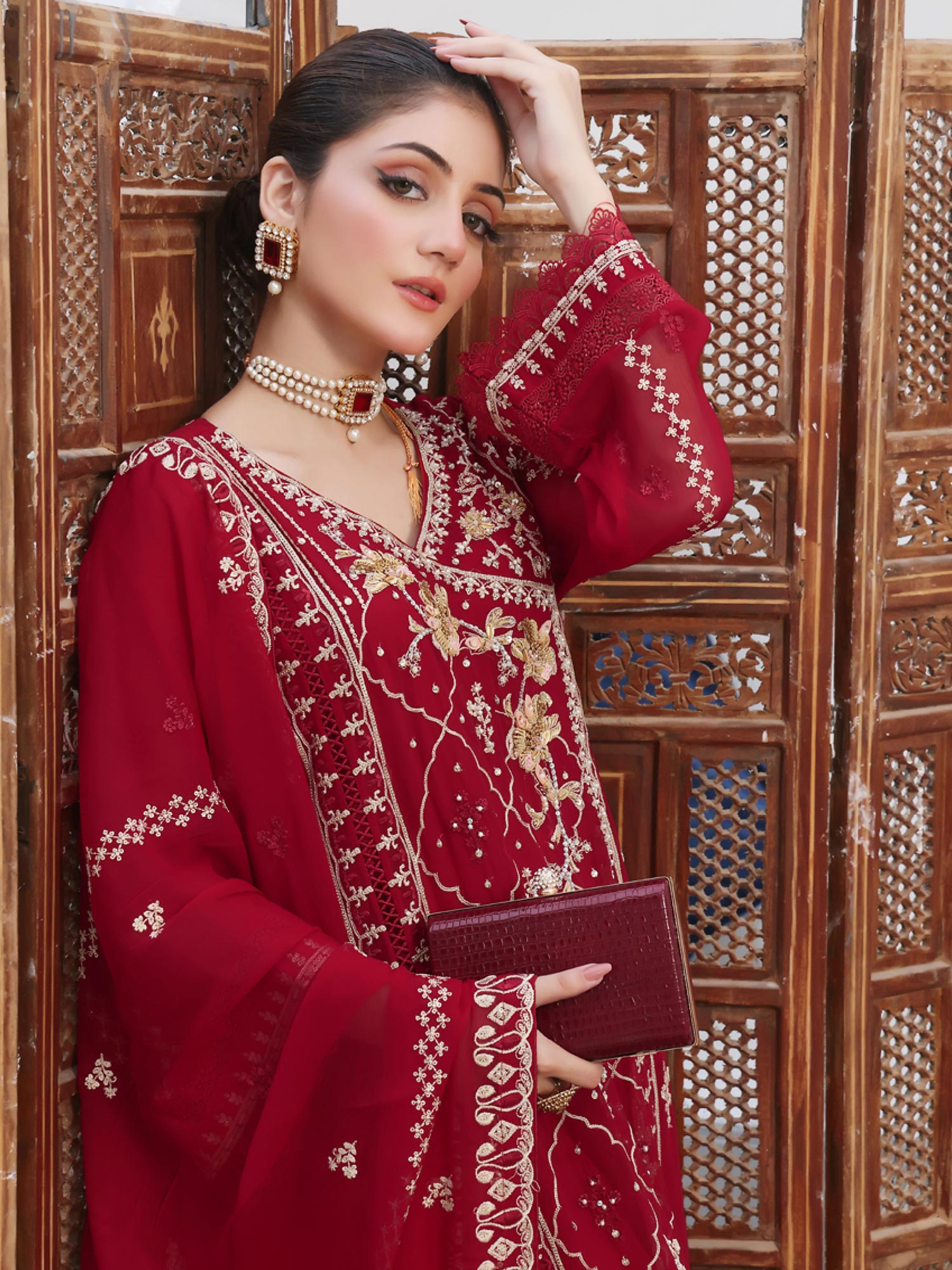 Wardah Uzair Luxury Pret Embroidered Chiffon Suit - Red