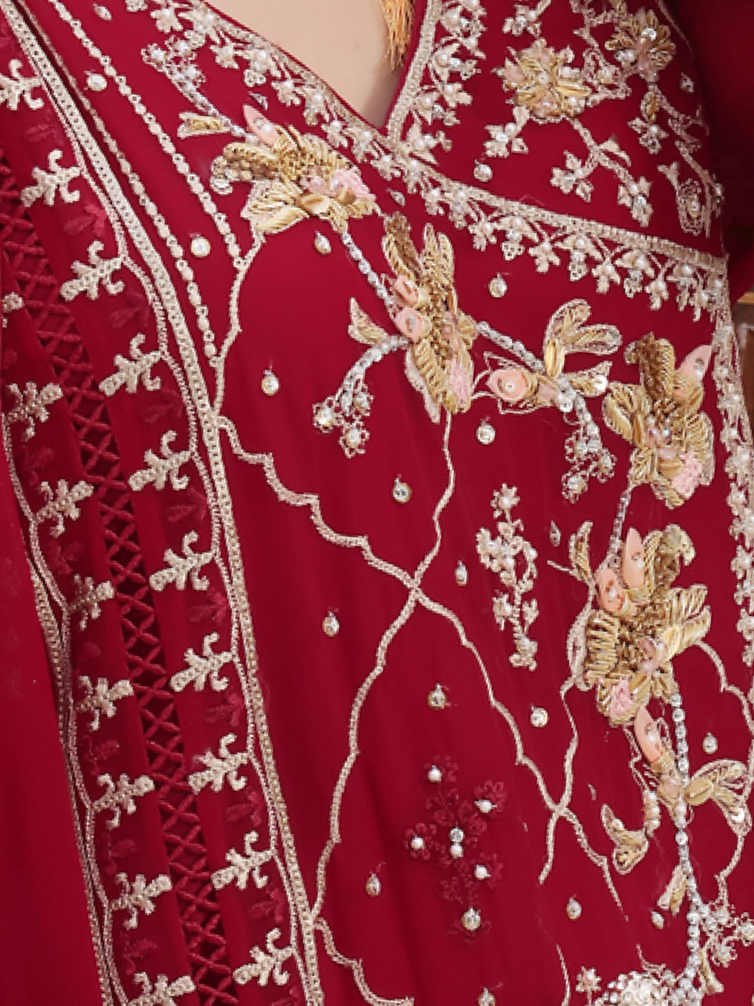 Wardah Uzair Luxury Pret Embroidered Chiffon Suit - Red