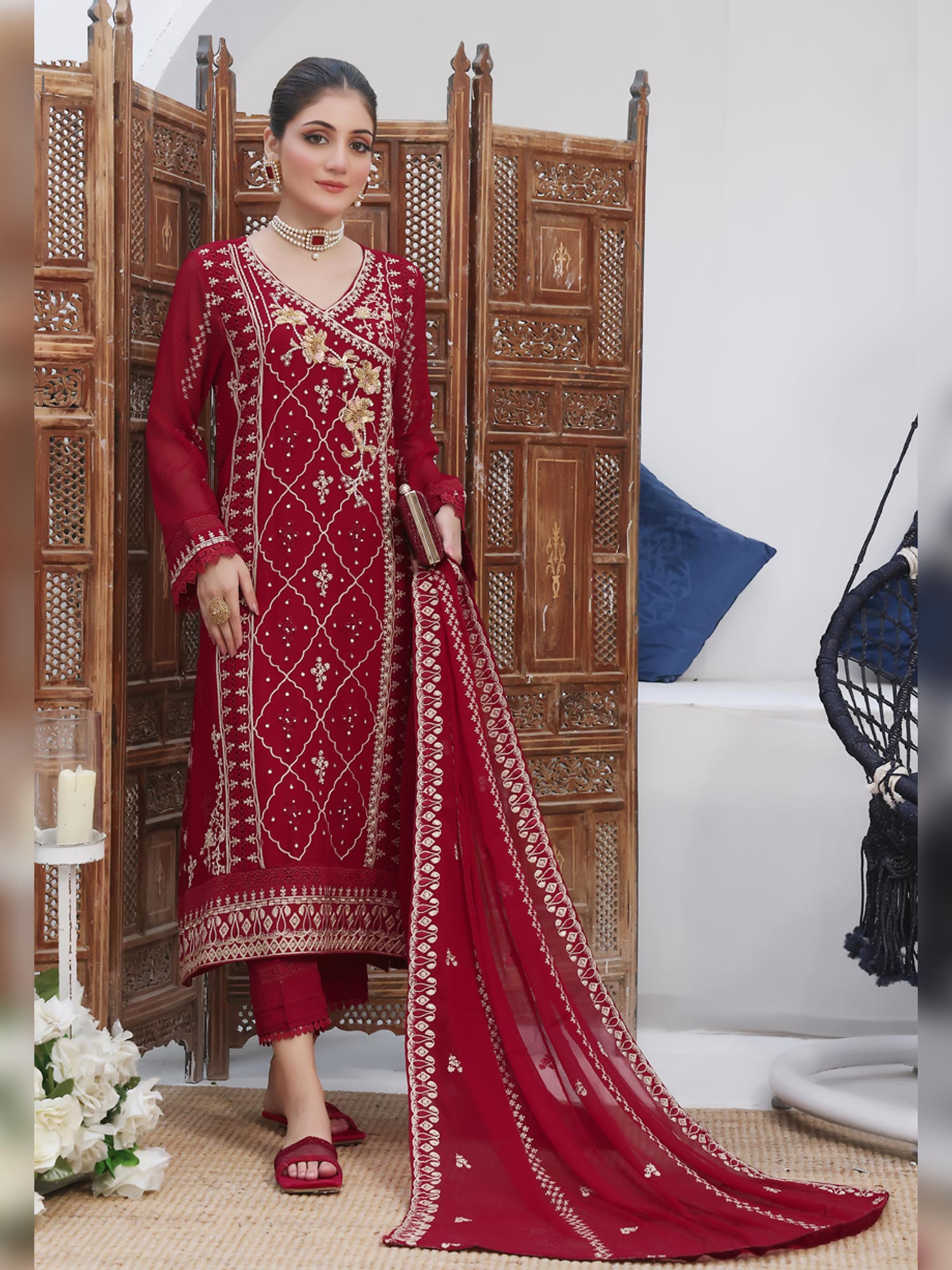 Wardah Uzair Luxury Pret Embroidered Chiffon Suit - Red