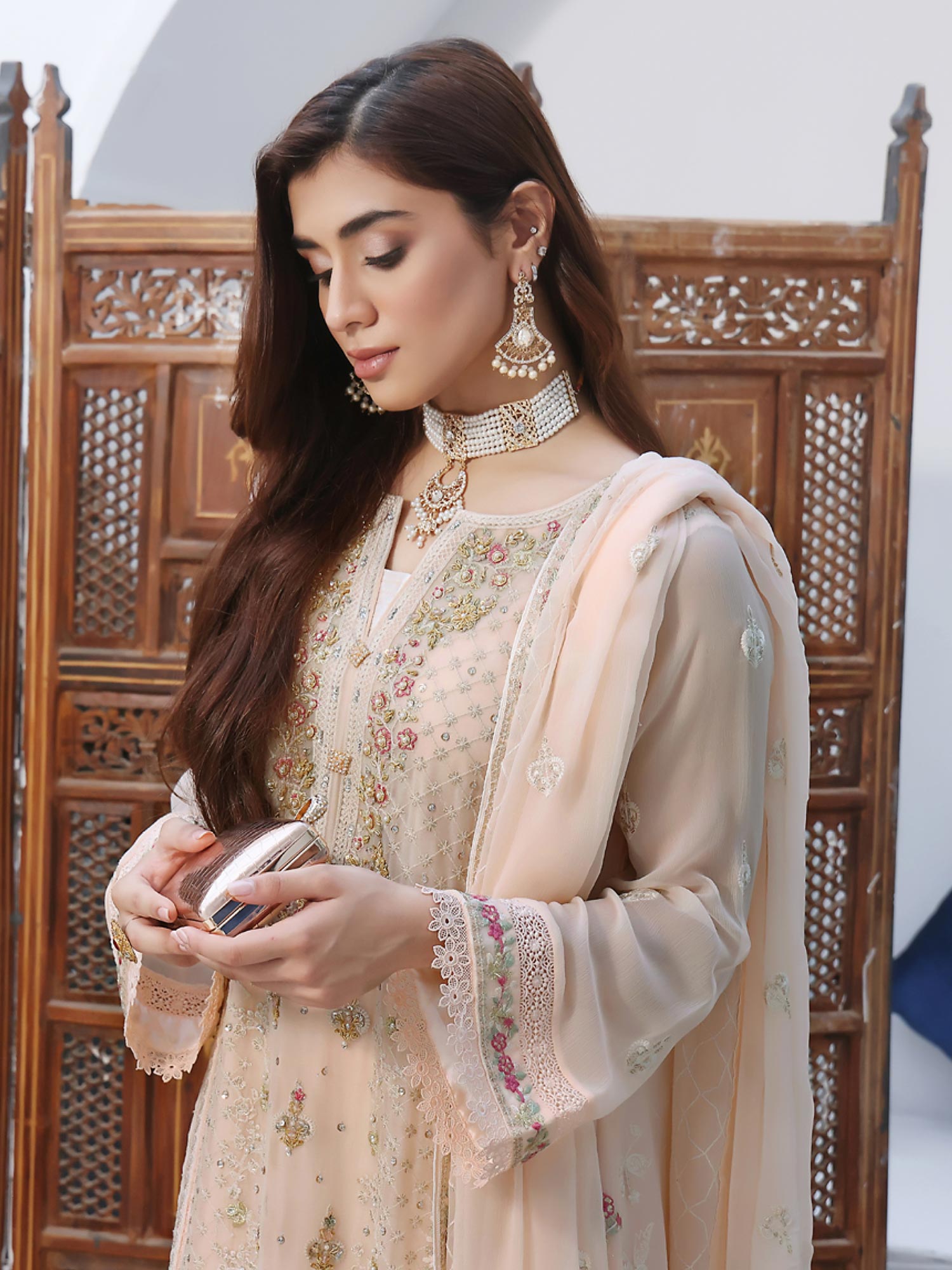 Wardah Uzair Luxury Pret Embroidered Chiffon Suit - Peach