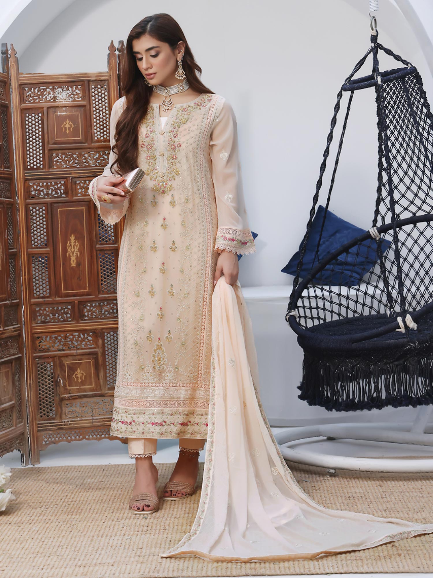 Wardah Uzair Luxury Pret Embroidered Chiffon Suit - Peach