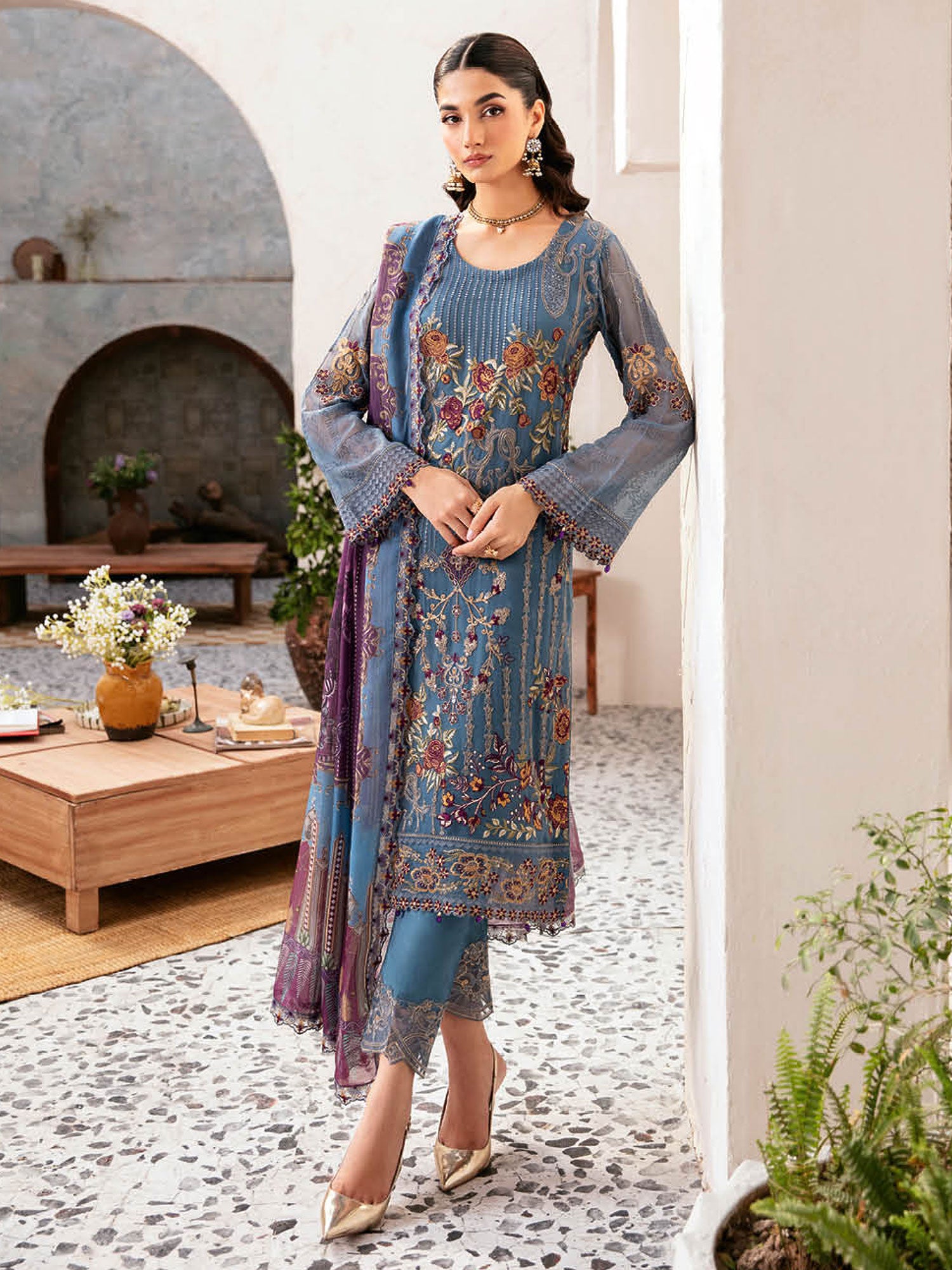 Ramsha "Rangoon" Luxury Chiffon 3-Piece Suit - Cobalt Blue (D1202)